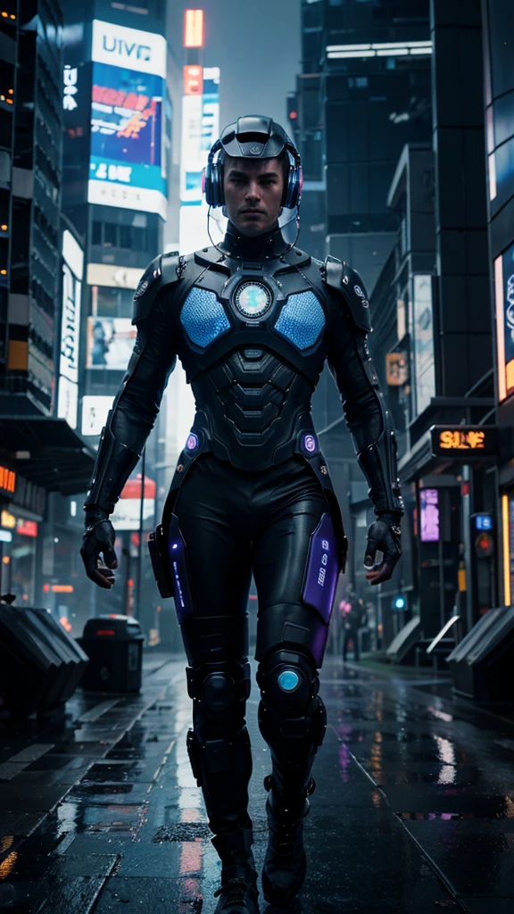 a cyberpunk futuristic man, wearing an amazing dress, awesome headphones helmet, extremely detailed, highly detailed, photorealistic, 8k, hyperrealistic, intricate details, extremely detailed cyberpunk outfit, neon lights, glowing elements, dramatic lighting, moody atmosphere, blue and purple color palette, dramatic shadows, advanced technology, cyborg, robotic parts, futuristic environment, skyscrapers, neon city, rain, wet ground, reflections, intricate machinery, glowing panels, holographic displays