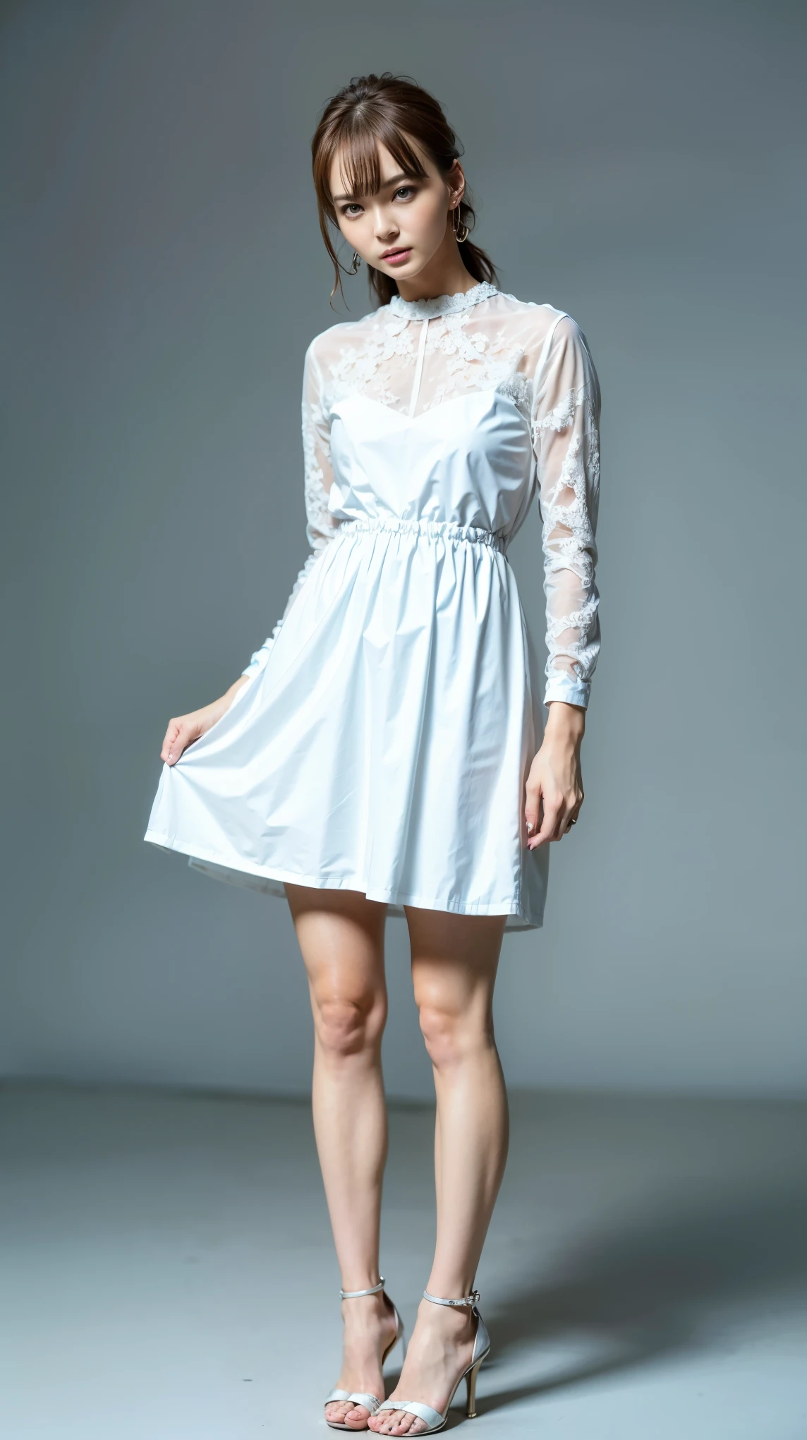 highest quality,masterpiece,Ultra-high resolution,(Actual:1.4),Original photo,Ultra-high resolution，8k，There are women，Fair skin、Sheer silver mesh mini dress，High heels，Long legs:1.5，Bright and beautiful，high waist，Flashy makeup using red eyeshadow，Gray background，