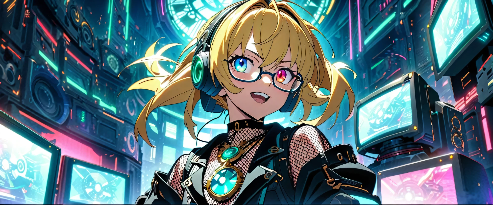 ((masterpiece,Highest quality)),((Androgynous anime boy with red and blonde mesh hair wearing glasses and a steampunk-style outfit)),((Holding a microphone and singing enthusiastically)),((Enthusiastic look)), ((Heterochromia of red and blue iris)),[ Digital Art ]!!, 2D Anime Style, !!Wear glasses!!,((Clock motif brooch,Clock themed necklace)),A sci-fi room surrounded by gears and computers,Focus on the upper body,anime,DonMCyb3rSp4c3XL,mecha