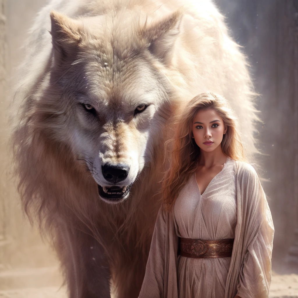 (highest quality、masterpiece、8k、Best image quality、Ultra-high resolution、Award-winning works)、A beautiful white-haired woman watches us from afar in the desert, Where light shines from the moon.、Ancient Islamic clothing、Beautiful face drawn in every detail, (a real wolf next to her)