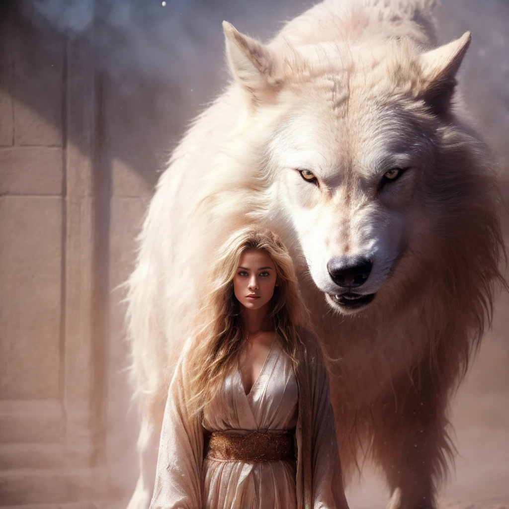 (highest quality、masterpiece、8k、Best image quality、Ultra-high resolution、Award-winning works)、A beautiful white-haired woman watches us from afar in the desert, Where light shines from the moon.、Ancient Islamic clothing、Beautiful face drawn in every detail, (a real wolf next to her)