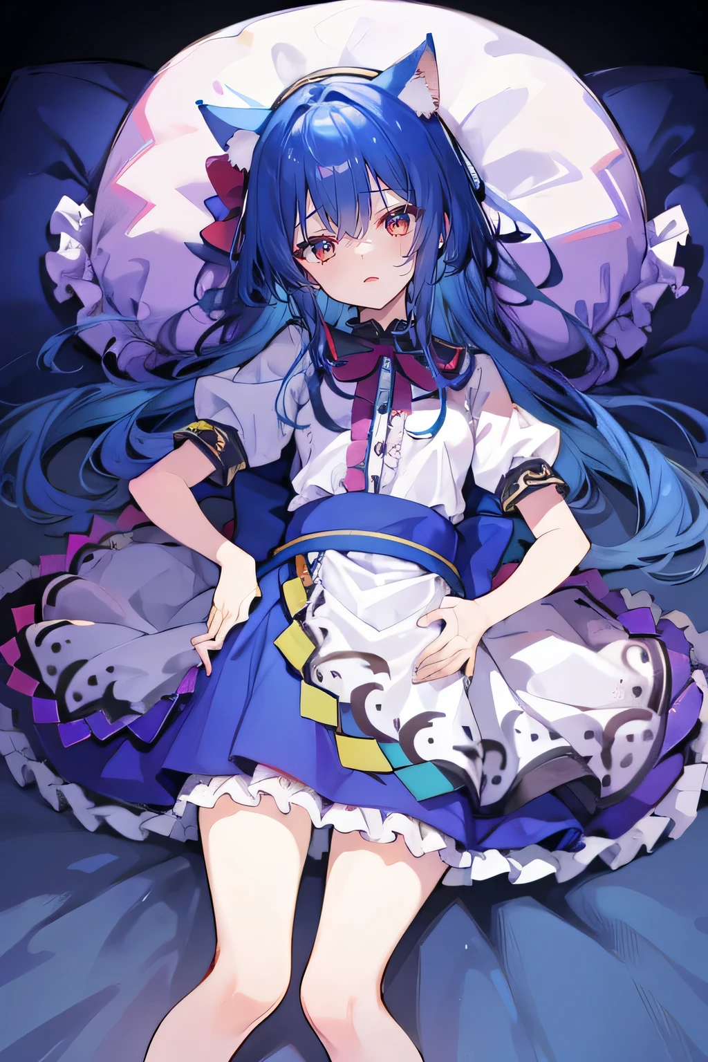 (Masterpiece), best quality, expressive eyes, perfect face, 1girl,
 Put your hands on your waist, fair, gorgeous, Japanese comics, girl, Lola, young angel, blue hair, blue hair, flowing clothes, hug the waist, hug the waist, hands on hips, hands on hips, lay down , lying on the ground, legs on the ground, flat chest, cat ears