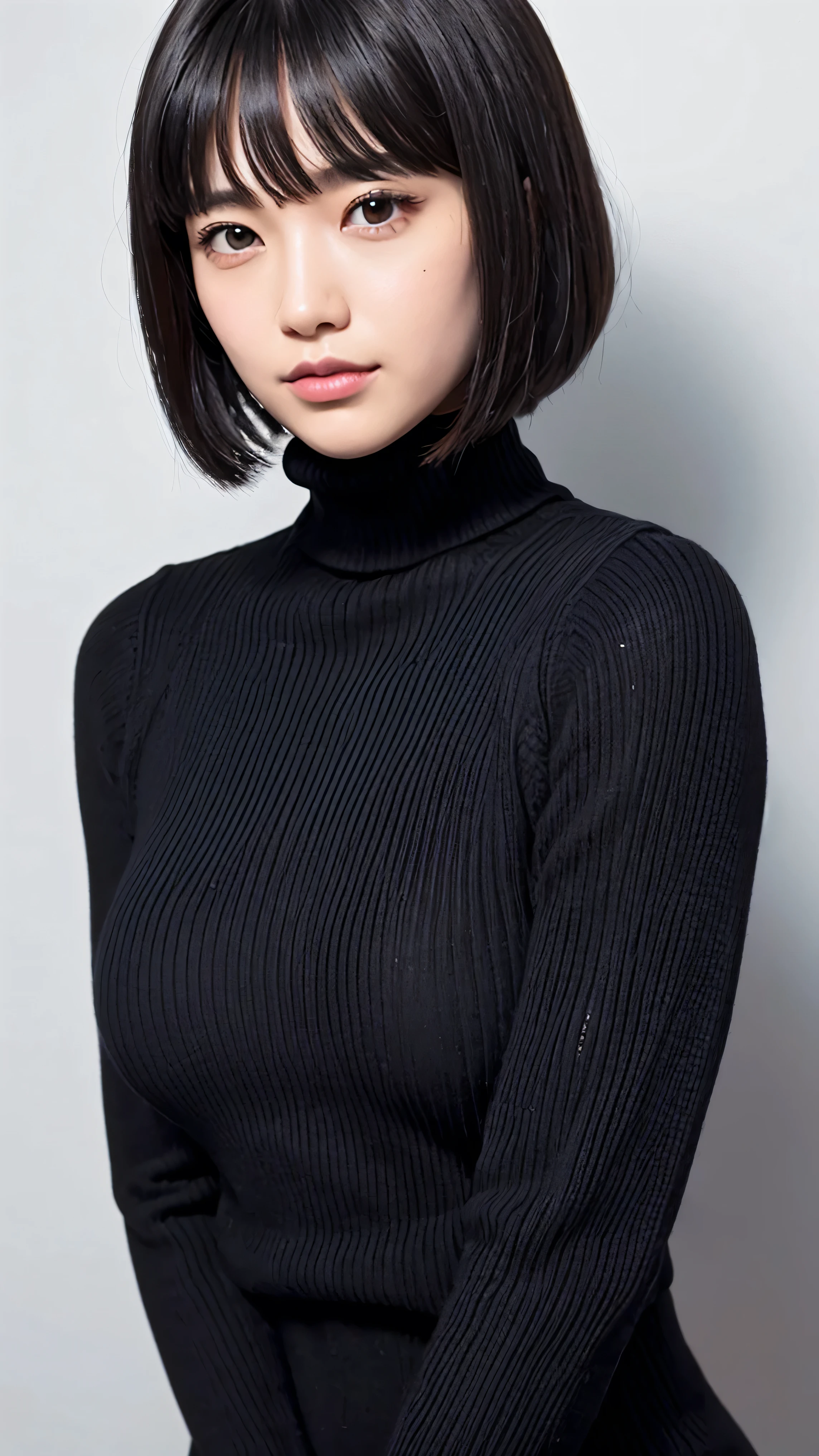 (masterpiece, Best image quality, high quality, High resolution, Realistic:1.2), (Bright lighting, Professional Lighting), One Woman, Realistic skin, Fine skin, Beautiful Skin, expensive, Muscular body, (Black Hair, Bowl Cut, Eyelash extensions, Fine Eyes, black eye, How to draw eyes carefully, Looking at the audience, cute, Embarrassing:1.2), (Lean upper body:1.2), Mortar wall, (Thick black turtleneck sweater:1.3), A kind smile, I can see your teeth, Upper Body Shot