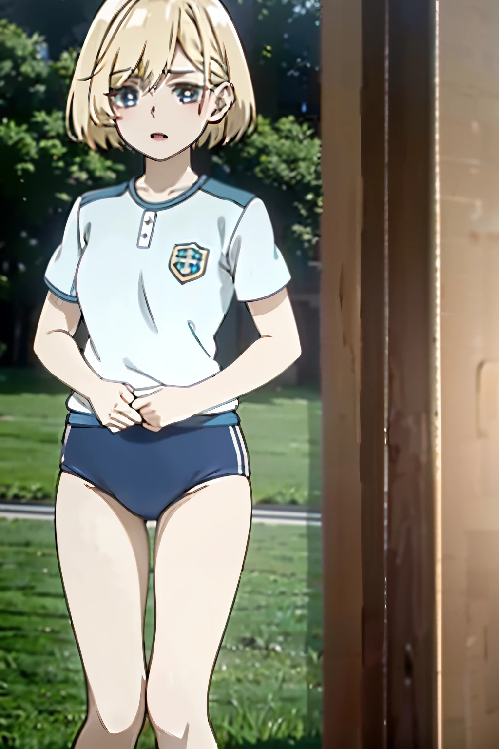 (8k, RAW Photos, highest quality, masterpiece:1.2),(Highly detailed 8k wallpaper), Beautiful Japanese Women, short hair, Black Hair, Are standing, ((blue buruma)), ((Athletic Blue Bloomers)), niinasugawara, niina sugawara, short hair, blue eyes, blonde hair,gr buruma,gr gym uniform