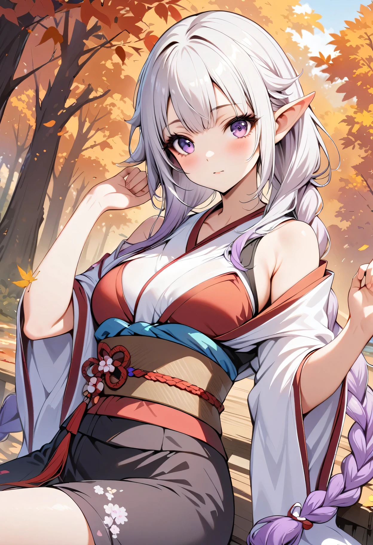 (Ultra-delicate CG Unity 8K wallpaper), (masterpiece), (best quality), 1 Girl, geisha, yinji, purple hair, purple eyes, long hair, white hair, double braids, gradient hair,  kimono, Elf, Pointed ears, ((best quality)), (Super detailed)), Autumn Japanese Forest  