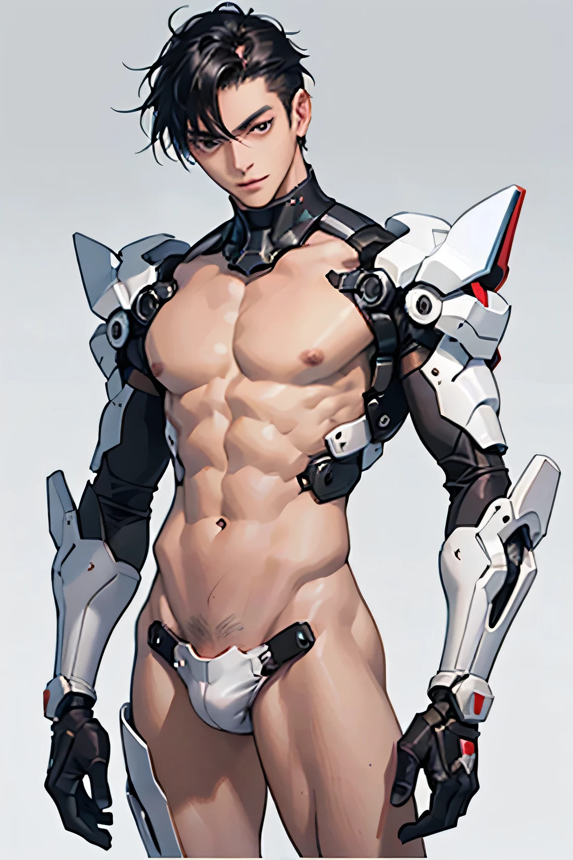 Handsome 18 year old Japanese model Very short, cropped black hair Soft Macho Half-body nudity White exoskeleton mechanical parts on one side Naked with white exoskeleton mechanical parts Attaching parts to nude looking at the camera