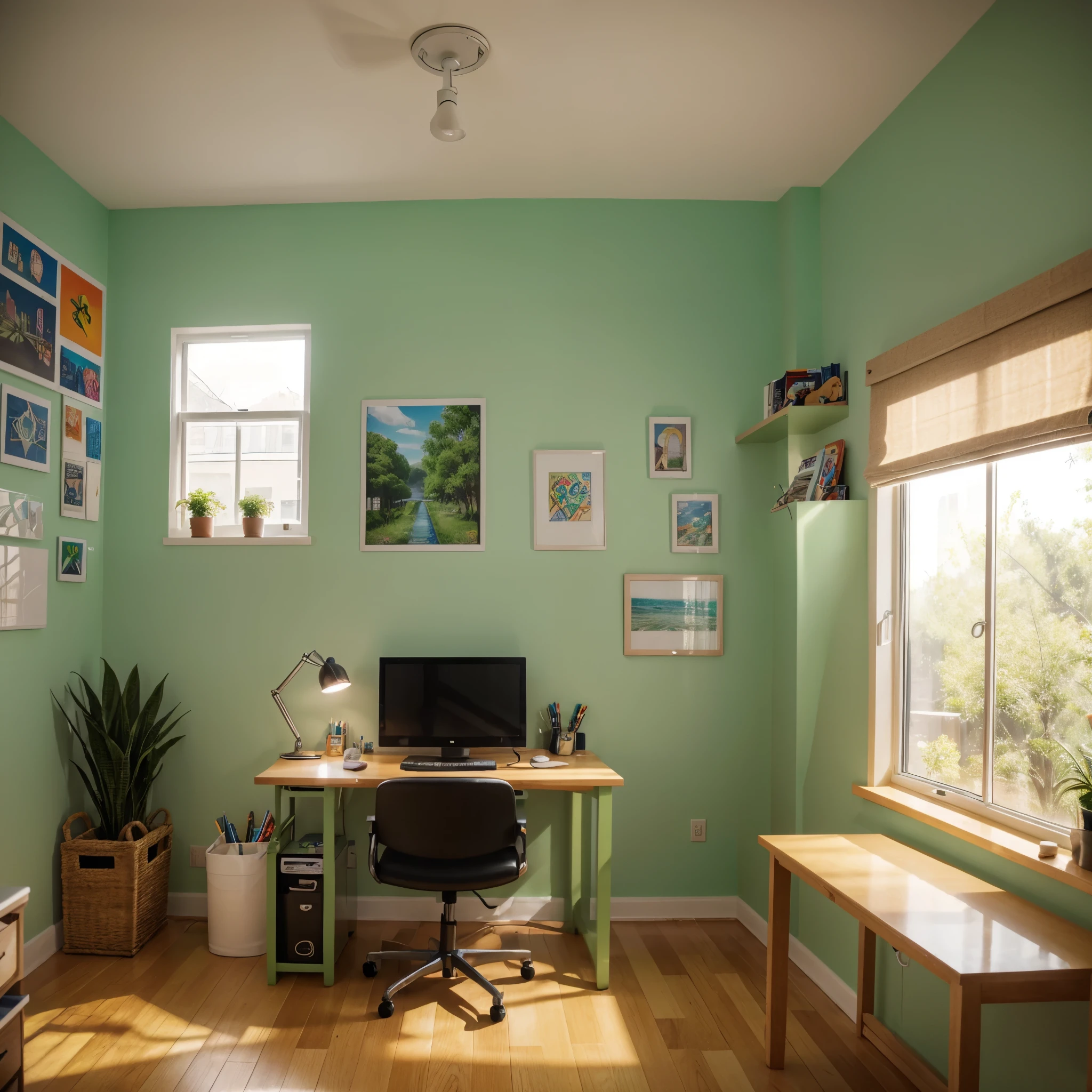 Create a 3D layout for the Creative Station with the following specifications:
In the corner of the room, there is a creative station with small tables and art supplies.
The walls are painted light green, stimulating creativity and providing a fresh feel.
The walls are decorated with inspirational artwork and nature images.
Camera view from the top of the 3D layout.