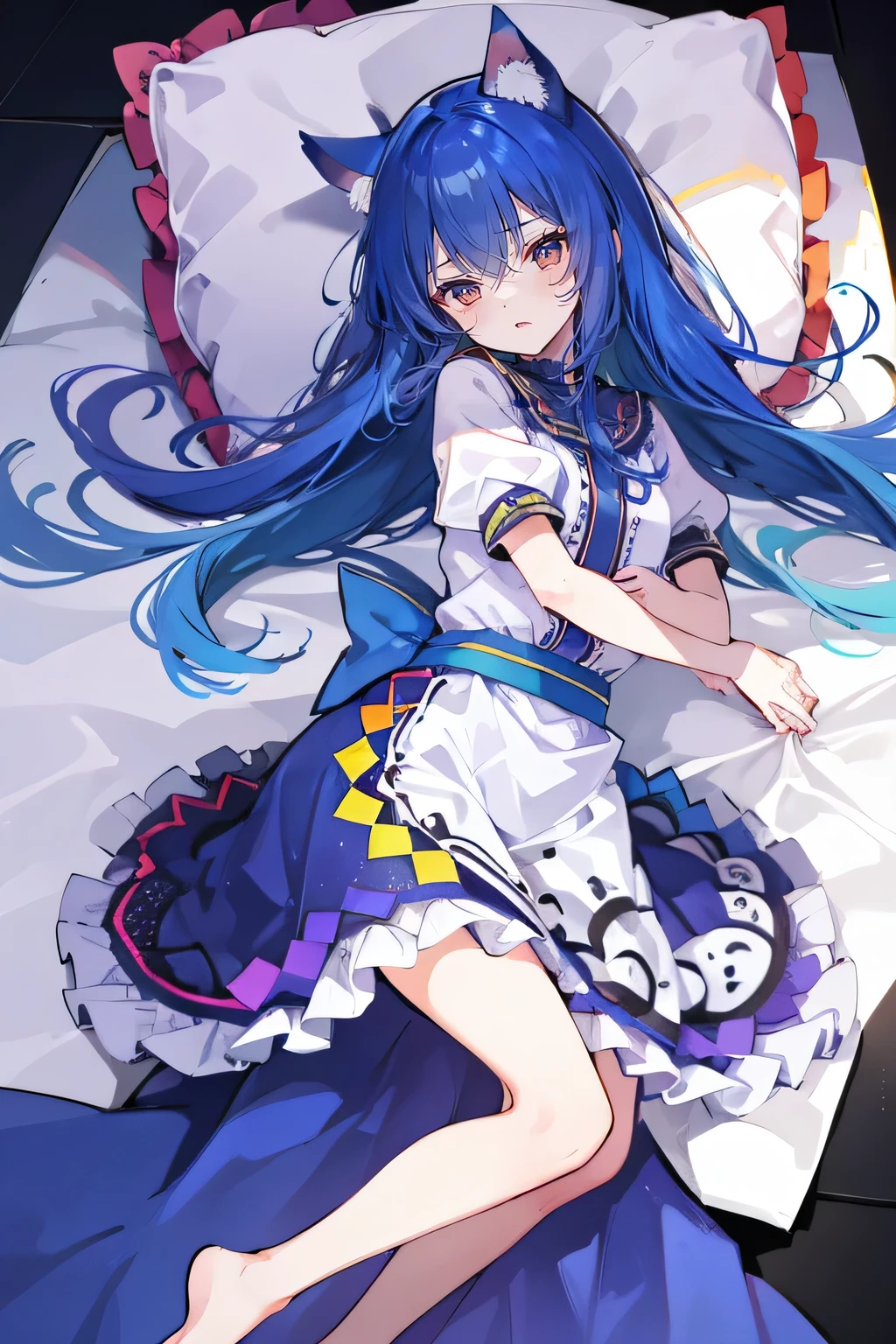 (Masterpiece), best quality, expressive eyes, perfect face, 1girl,
 Put your hands on your waist, fair, gorgeous, Japanese comics, girl, Lola, young angel, blue hair, blue hair, flowing clothes, hug the waist, hug the waist, hands on hips, hands on hips, lay down , lying on the ground, legs on the ground, flat chest, cat ears