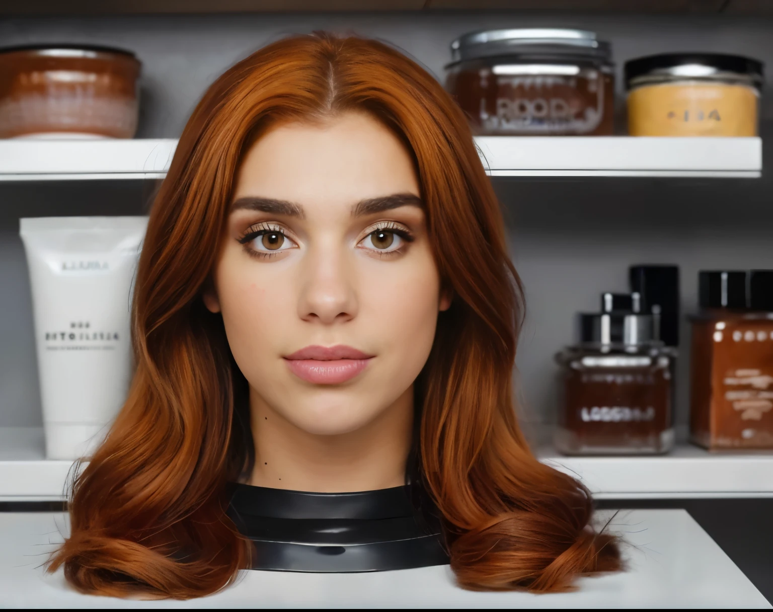 ((disembodied head on shop shelf)), (lora: Dua Lipa), wearing makeup, extremely detailed skin texture, (realistic), realistic natural lighting, (best image, best quality)