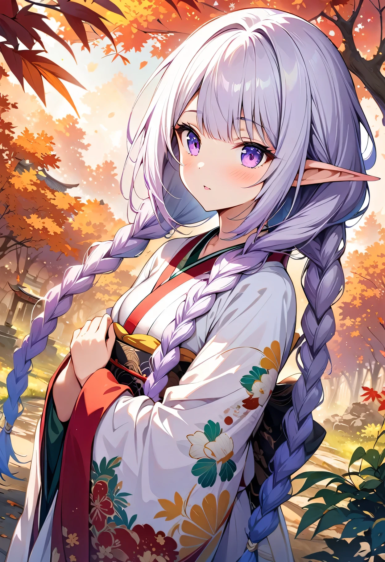 (Ultra-delicate CG Unity 8K wallpaper), (masterpiece), (best quality), 1 Girl, geisha, yinji, purple hair, purple eyes, long hair, white hair, double braids, gradient hair,  kimono, Elf, Pointed ears, ((best quality)), (Super detailed)), Autumn Japanese Forest  