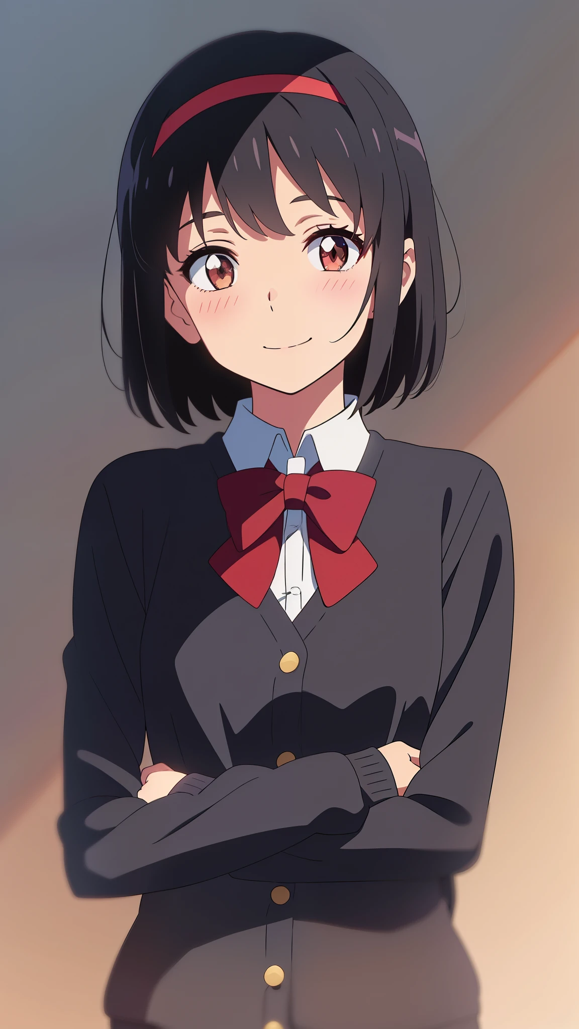 shinkai makoto, kimi no na wa., 1girl, bangs, black hair, blush, brown eyes, shinny skin, red headband, red ribbon, red bow, collared shirt, white shirt, black cardigans, looking at the viewer, short hair, cute, smile, solo, upper body, long sleeves, simple background