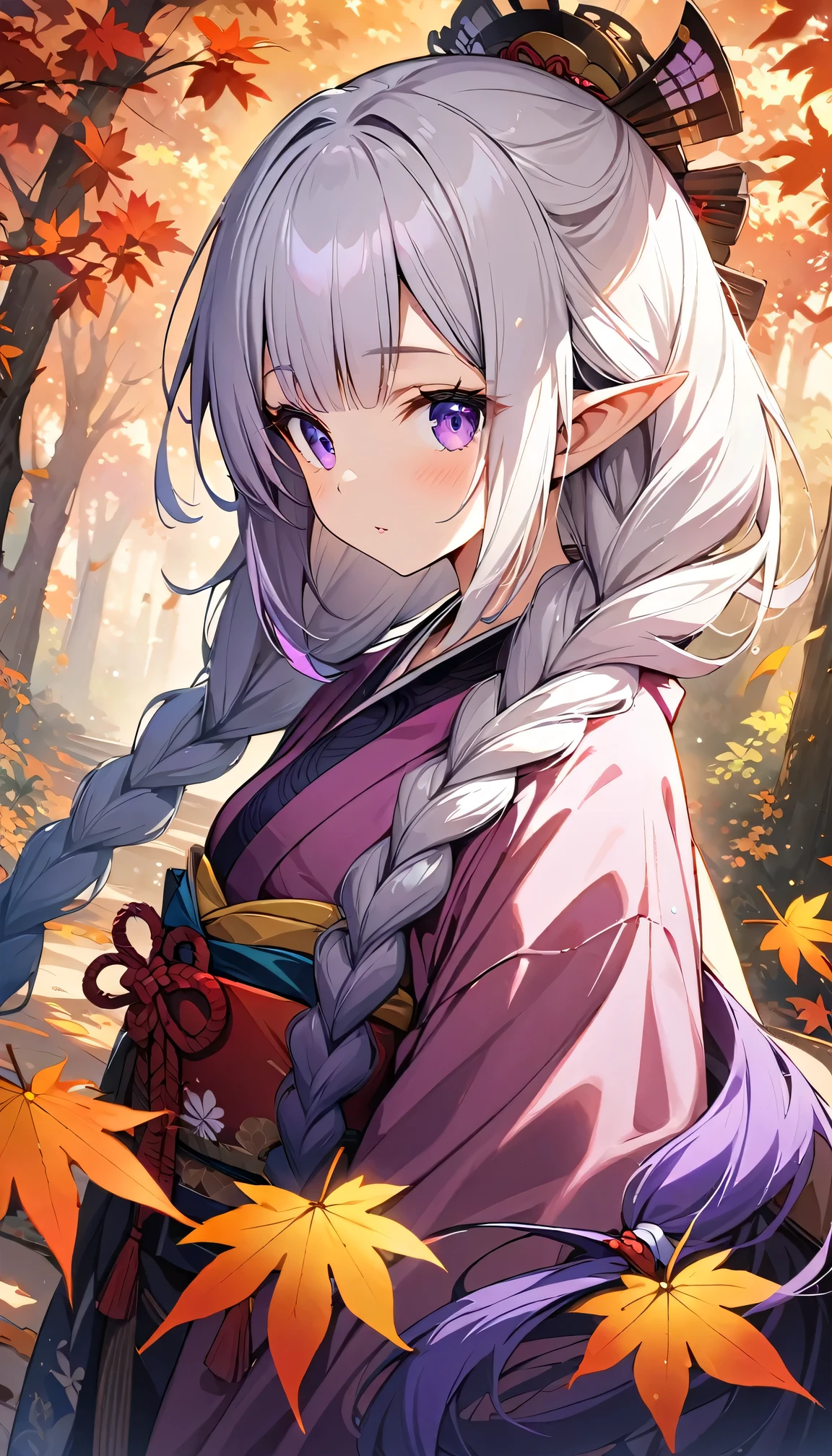 (Ultra-delicate CG Unity 8K wallpaper), (masterpiece), (best quality), 1 Girl, geisha, yinji, purple hair, purple eyes, long hair, white hair, double braids, gradient hair,  kimono, Elf, Pointed ears, ((best quality)), (Super detailed)), Autumn Japanese Forest  