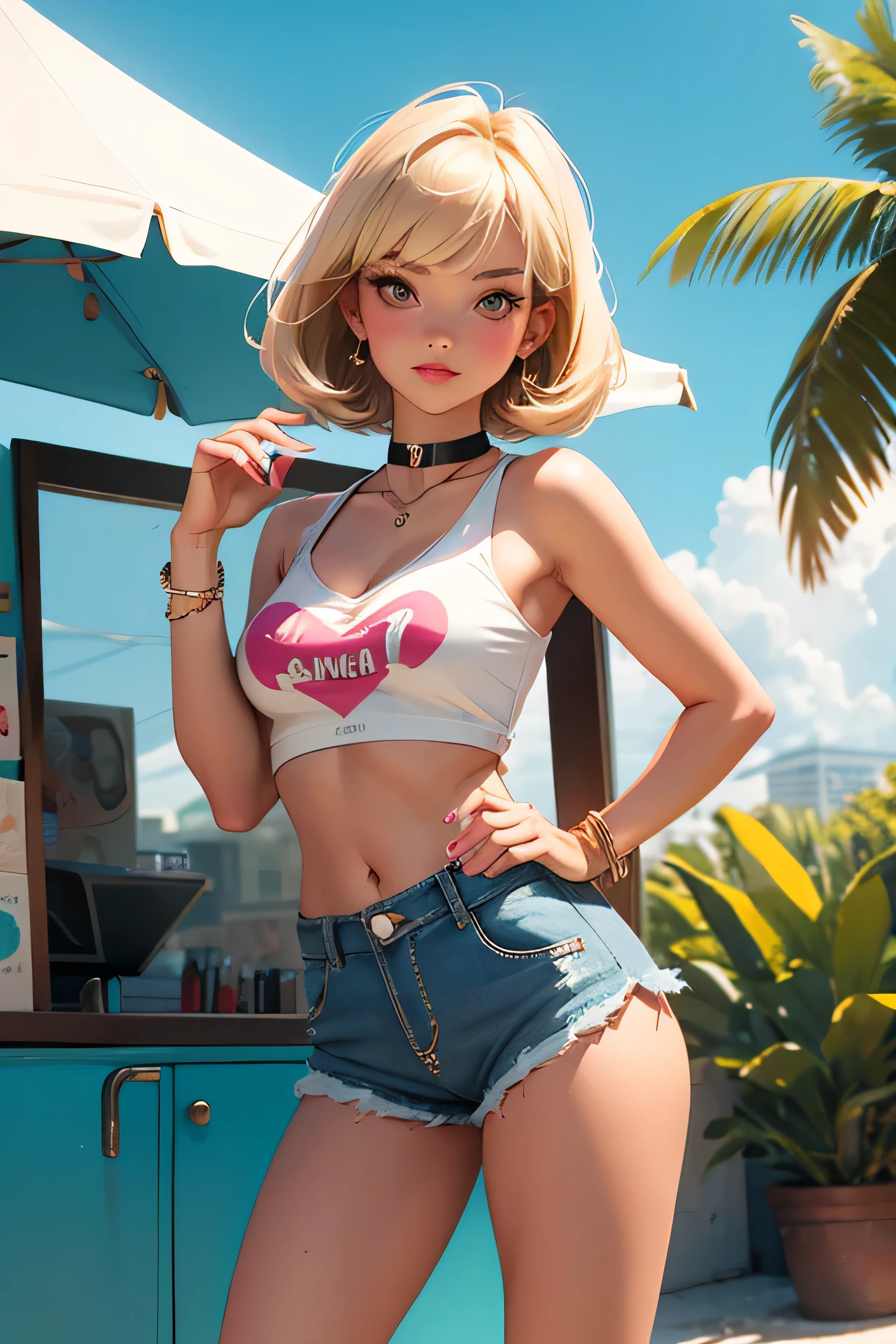 age girl-model 18 years old, beautiful, blonde, bob hair, bangs, brown eyes, beautiful figure, girl wearing crop shirt and too short mini shorts, beautiful long legs, slave bracelets, slave choker, manicure, cute makeup, flirtatiously posing, hot summer, hot flirty, sexy posing, summer outfit, top quality, higest quality, pin-up style, retro 80s style, Daisy Dukes style, slave girl, Miami vibes,
