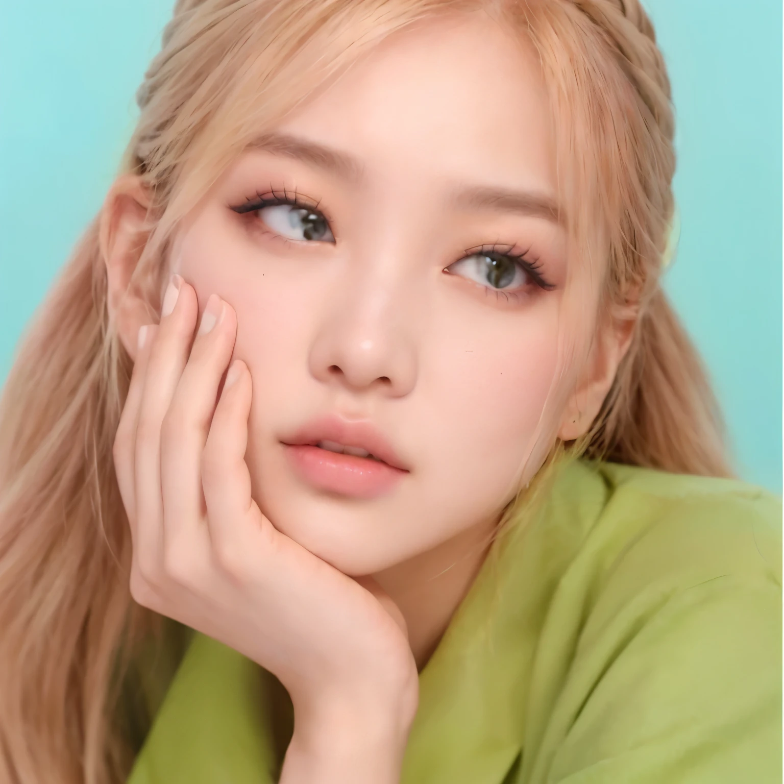 a close up of a person with a green shirt and a hand on her face, roseanne park of blackpink, portrait of jossi of blackpink, jossi of blackpink, portrait jisoo blackpink, tzuyu from twice, jisoo of blackpink, lalisa manobal, jisoo from blackpink, lalisa manoban of blackpink, jia, wan adorable korean face, blackpink jennie, roseanne park, park chaeyoung, BLACKPINK ROSE, rosé portrait