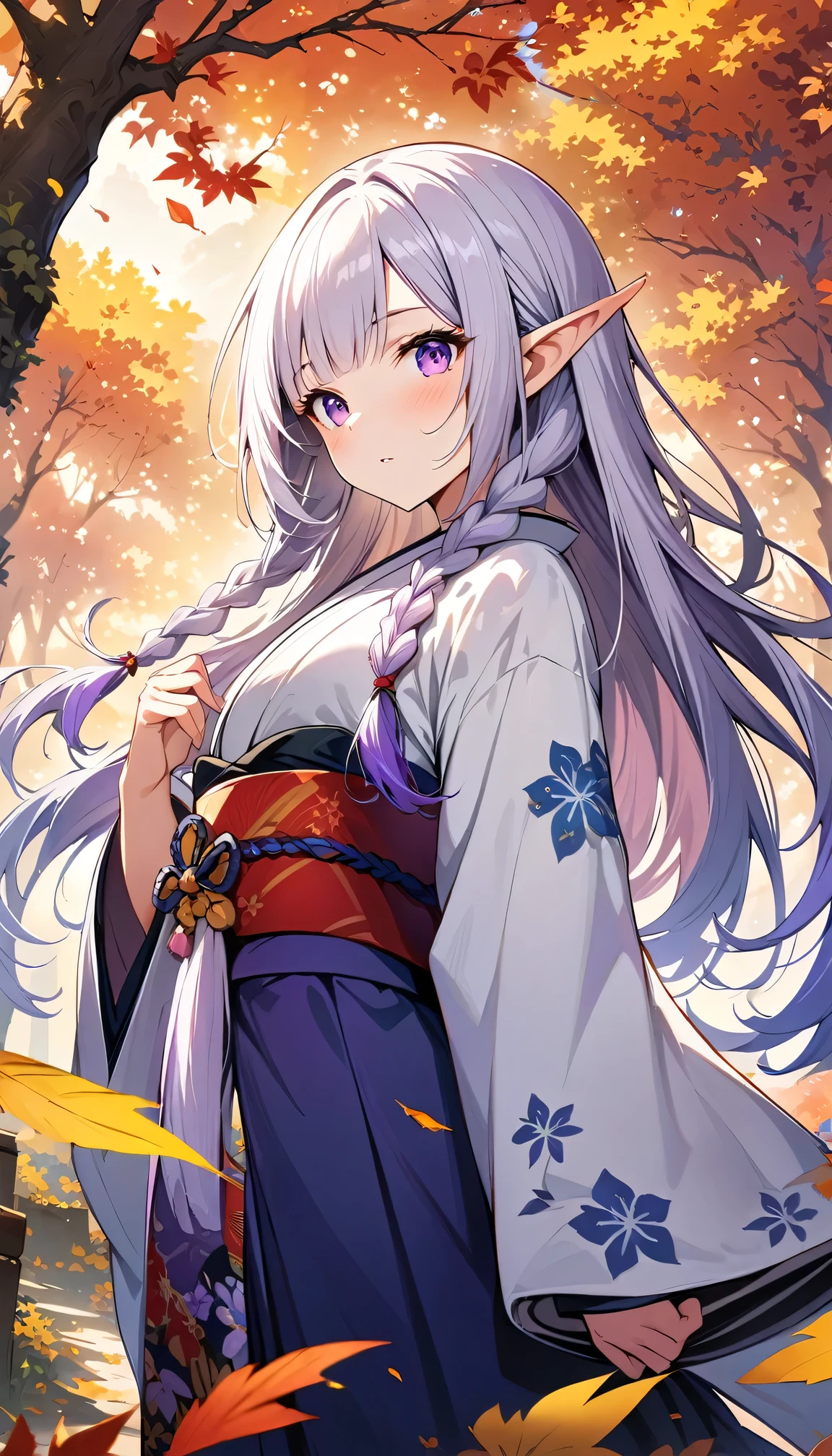 (Ultra-delicate CG Unity 8K wallpaper), (masterpiece), (best quality), 1 Girl, geisha, yinji, purple hair, purple eyes, long hair, white hair, double braids, gradient hair, kimono, Elf, Pointed ears, ((best quality)), (Super detailed)), Autumn Japanese Forest