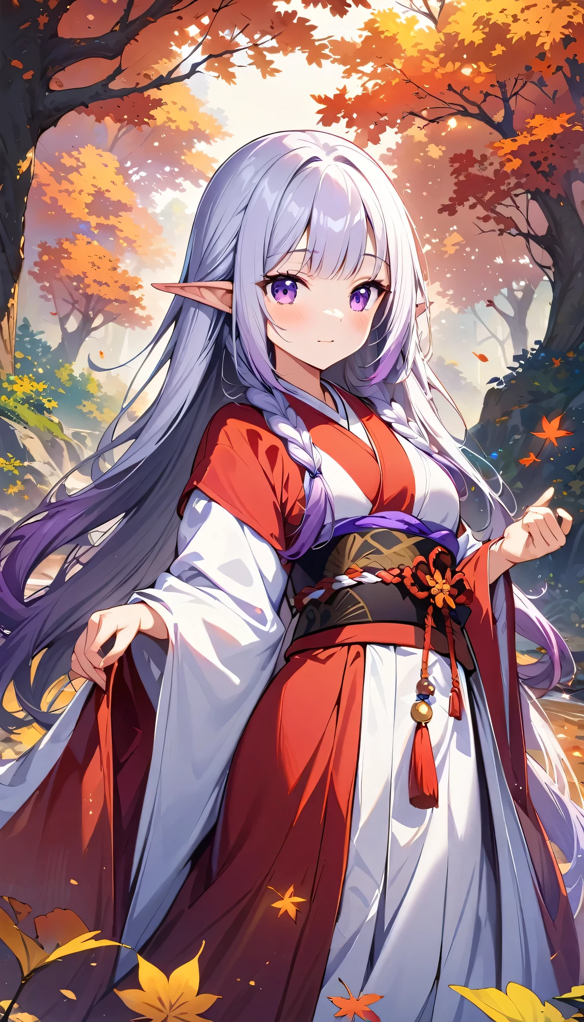 (Ultra-delicate CG Unity 8K wallpaper), (masterpiece), (best quality), 1 Girl, geisha, yinji, purple hair, purple eyes, long hair, white hair, double braids, gradient hair,  kimono, Elf, Pointed ears, ((best quality)), (Super detailed)), Autumn Japanese Forest  