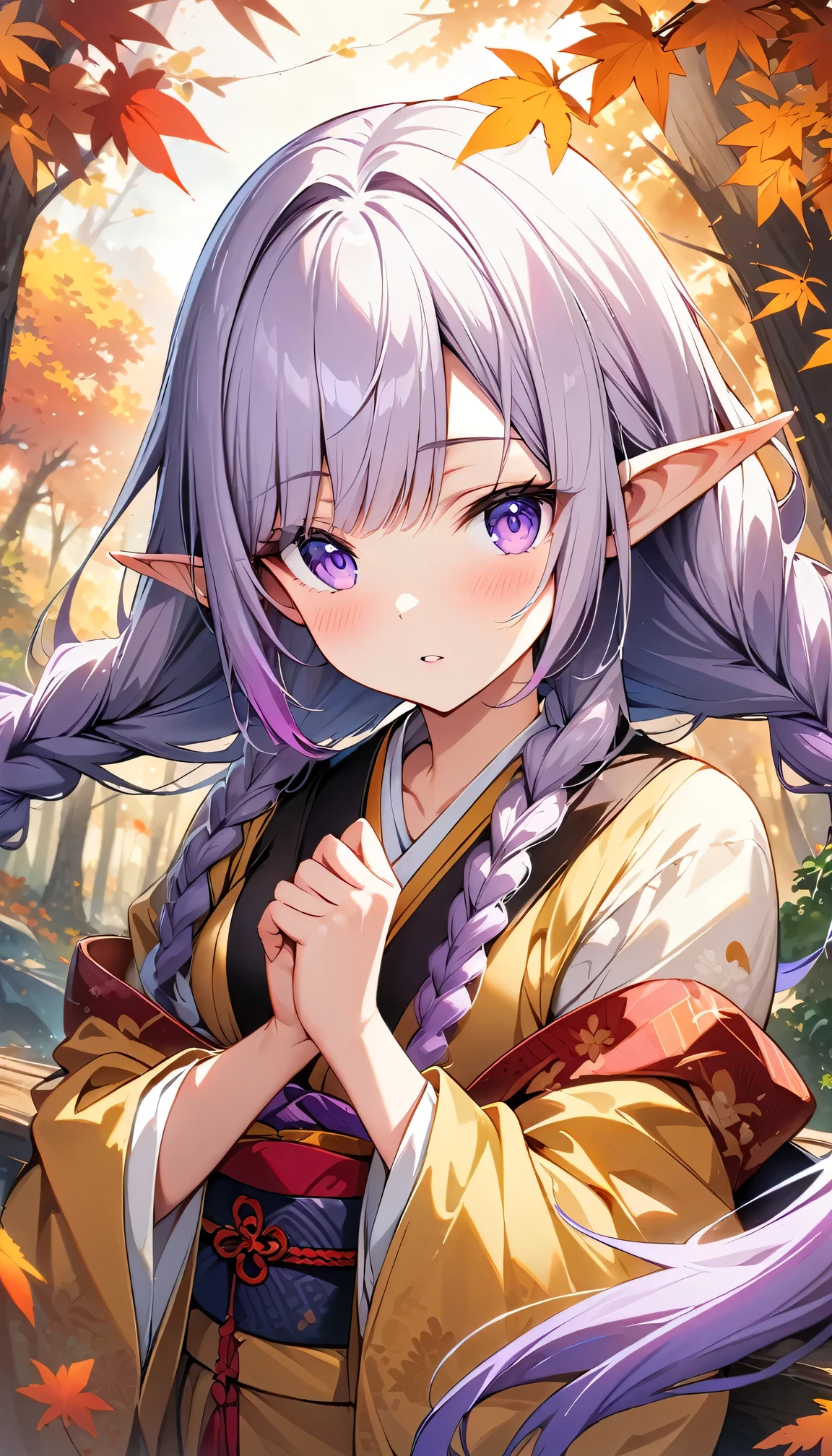 (Ultra-delicate CG Unity 8K wallpaper), (masterpiece), (best quality), 1 Girl, geisha, yinji, purple hair, purple eyes, long hair, white hair, double braids, gradient hair, kimono, Elf, Pointed ears, ((best quality)), (Super detailed)), Autumn Japanese Forest