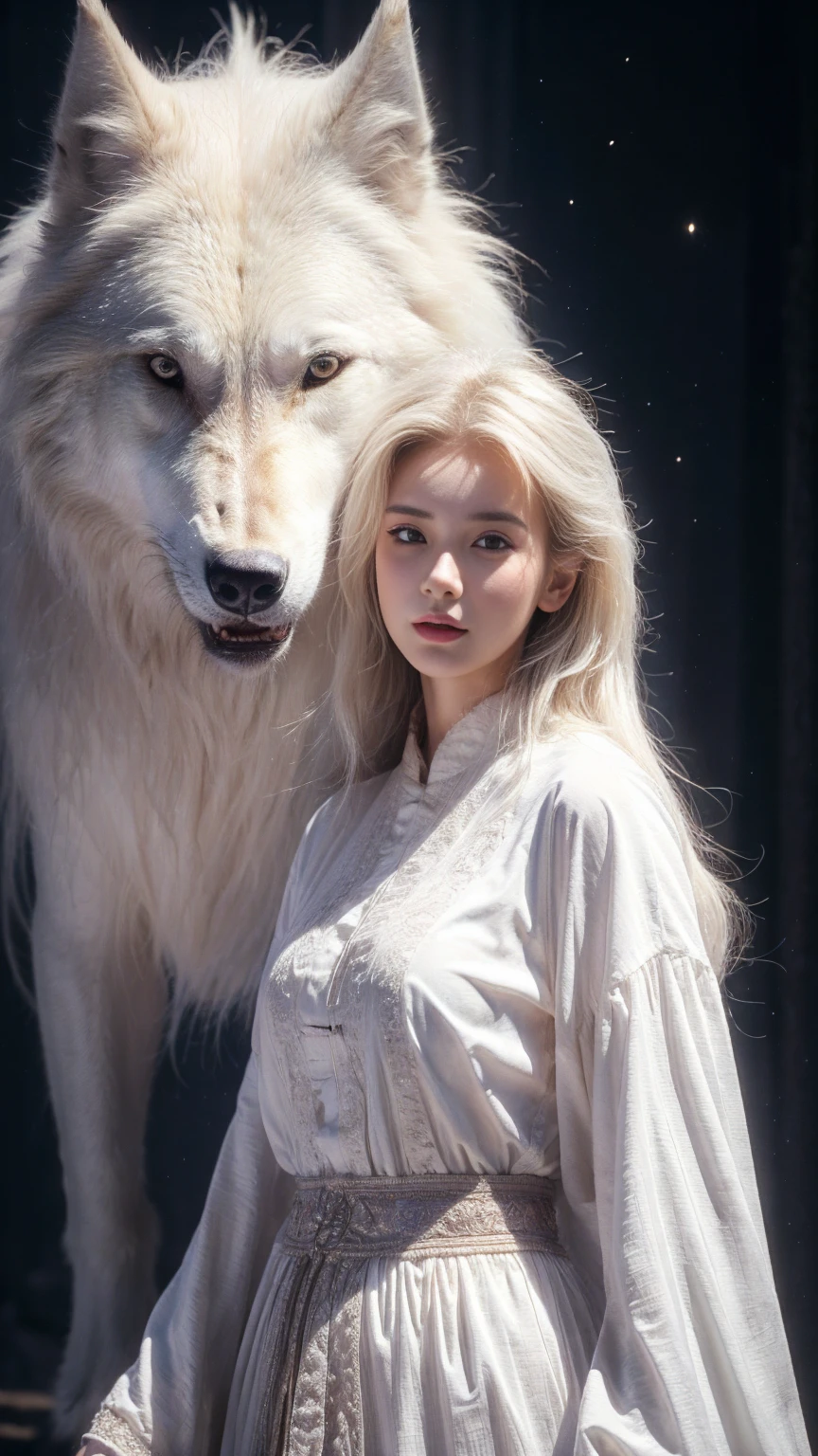 (highest quality、masterpiece、8k、Best image quality、Ultra-high resolution、Award-winning works)、A beautiful white-haired girl watches us from afar in the desert, Where light shines from the moon.、Ancient Islamic clothing、Beautiful face drawn in every detail, (a real wolf next to her)