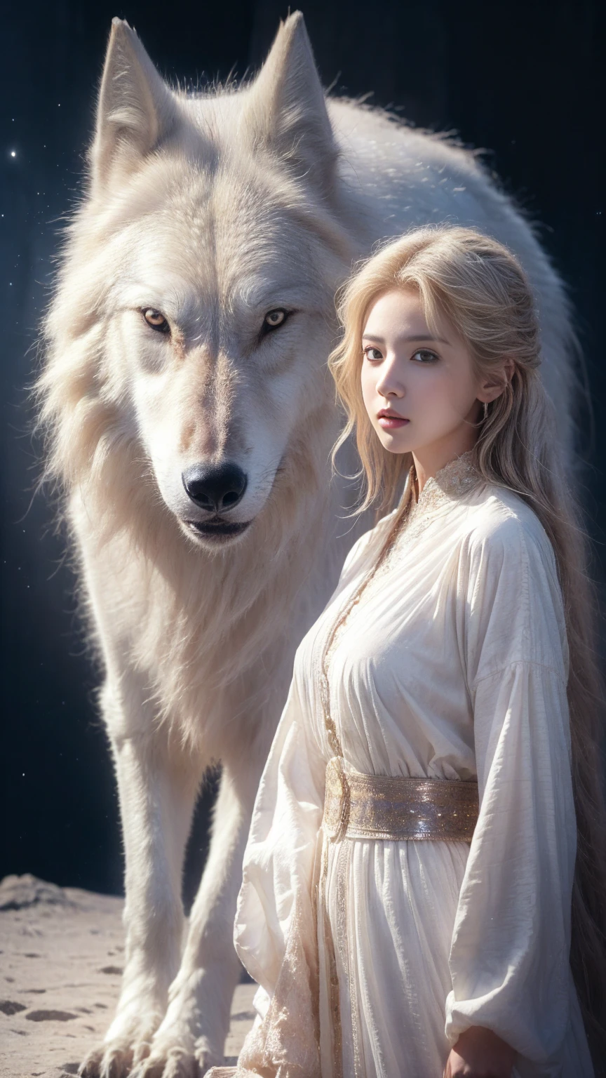 (highest quality、masterpiece、8k、Best image quality、Ultra-high resolution、Award-winning works)、A beautiful white-haired girl watches us from afar in the desert, Where light shines from the moon.、Ancient Islamic clothing、Beautiful face drawn in every detail, (a real wolf next to her)