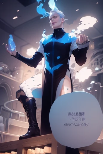 1mqn,short hair, white hair, light  lue eyes,  lack cassock, black boots, horns of blue flames {best quality, high quality, japanese, anime, ultra detailed}, studio lighting 