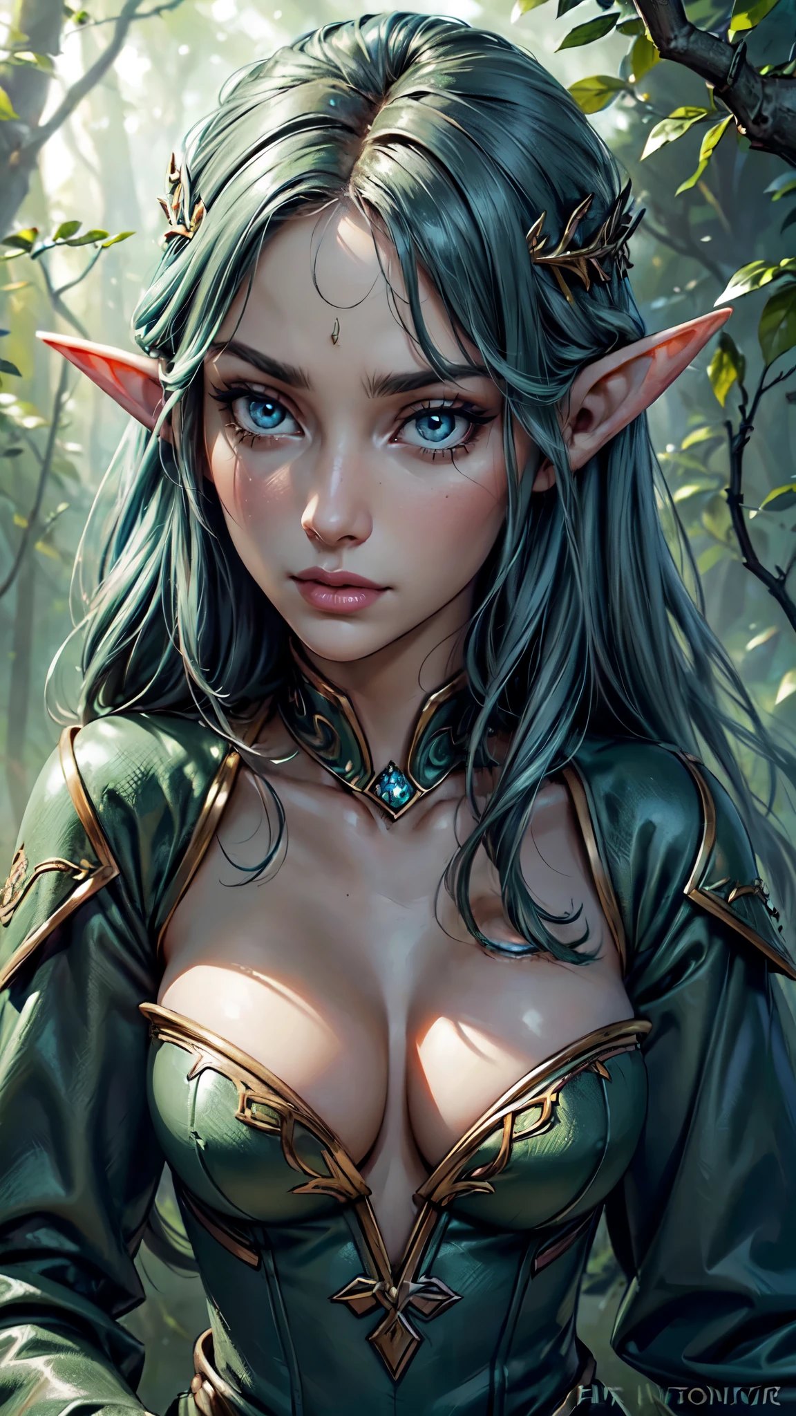 (detailed face,detailed eyes,photorealistic:1.37) An elf woman with a captivating presence and a sense of mystique stands in the center of a dense forest. Her face is exquisitely detailed, with high