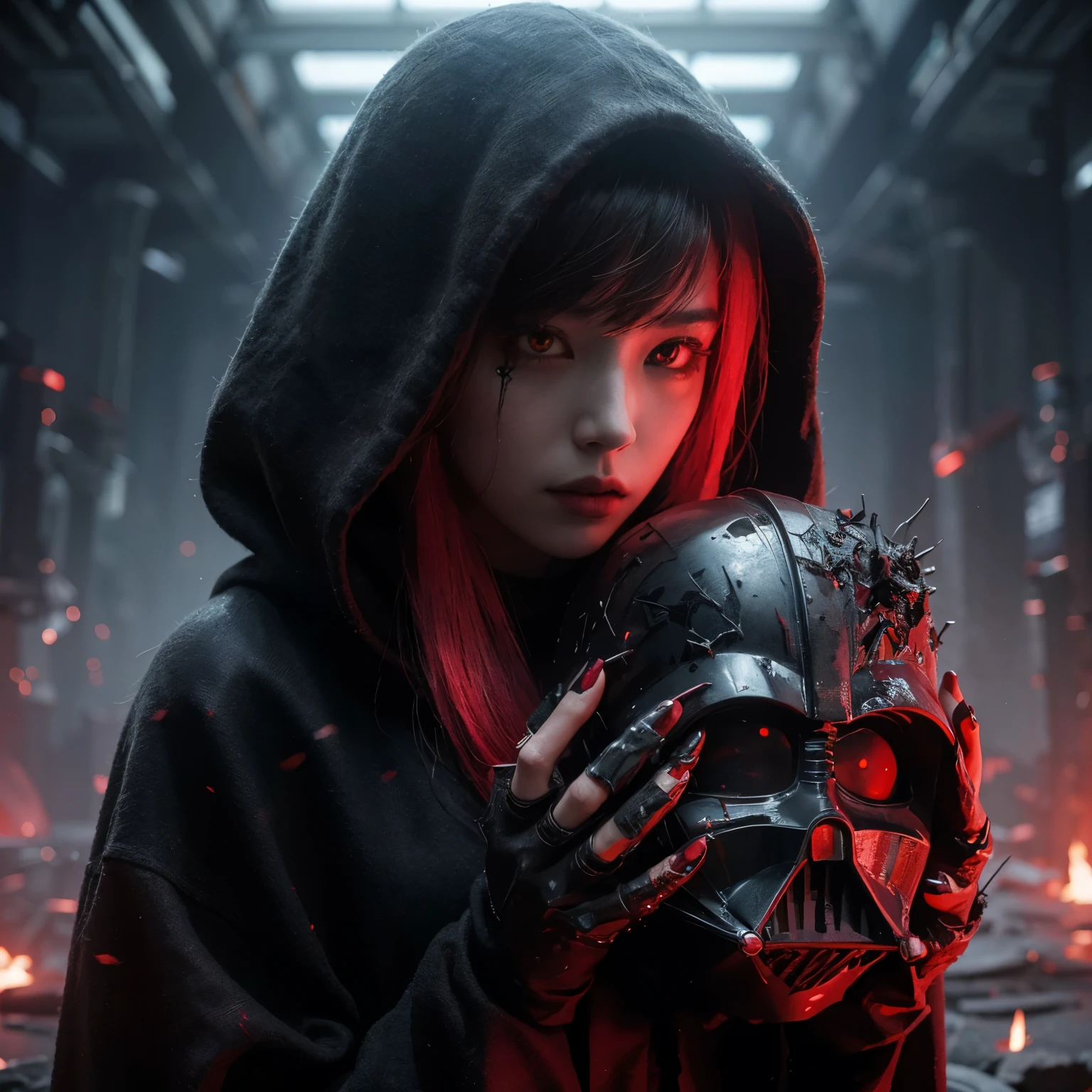 (very sharp result, full body desaturated photo) (textile shading), (Best Quality), (masterpiece) (hyper realistic photo) in starwars universe, dark atmosphere, backlight full body sith lordes japanese girl in black cult hoodie pale skin, vampire looks, piercings, mysterious sinister bright red eyes (she is holding broken darth vader helmet) red hair, red light mood,in ruined castle full of sparks hi-tech space facility, horror feel mood gritty atmosphere,4K