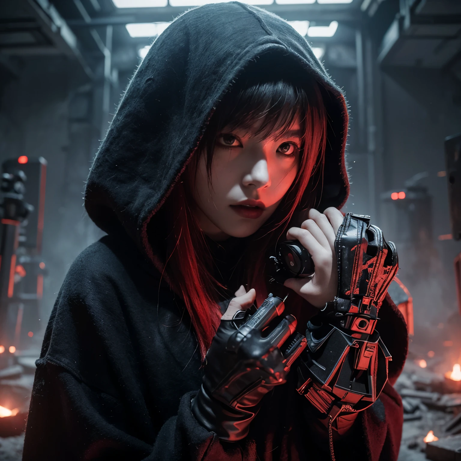 (very sharp result, full body desaturated photo) (textile shading), (Best Quality), (masterpiece) (hyper realistic photo) in starwars universe, dark atmosphere, backlight full body sith lordes japanese girl in black cult hoodie pale skin, vampire looks, piercings, mysterious sinister bright red eyes (she is holding broken darth vader helmet) red hair, red light mood,in ruined castle full of sparks hi-tech space facility, horror feel mood gritty atmosphere,4K