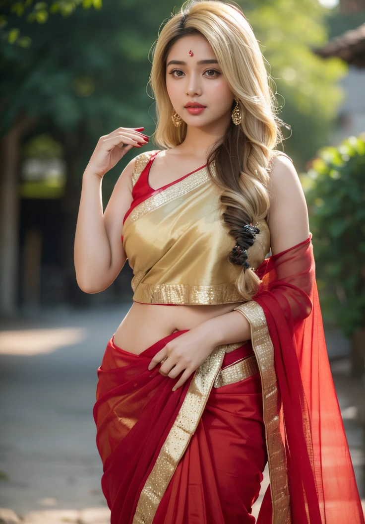 (((desi girl))), chubby face, natural skin, wearing stunning red saree, charming black hair, ((hair ends are blonde)), greenary village background, bokeh