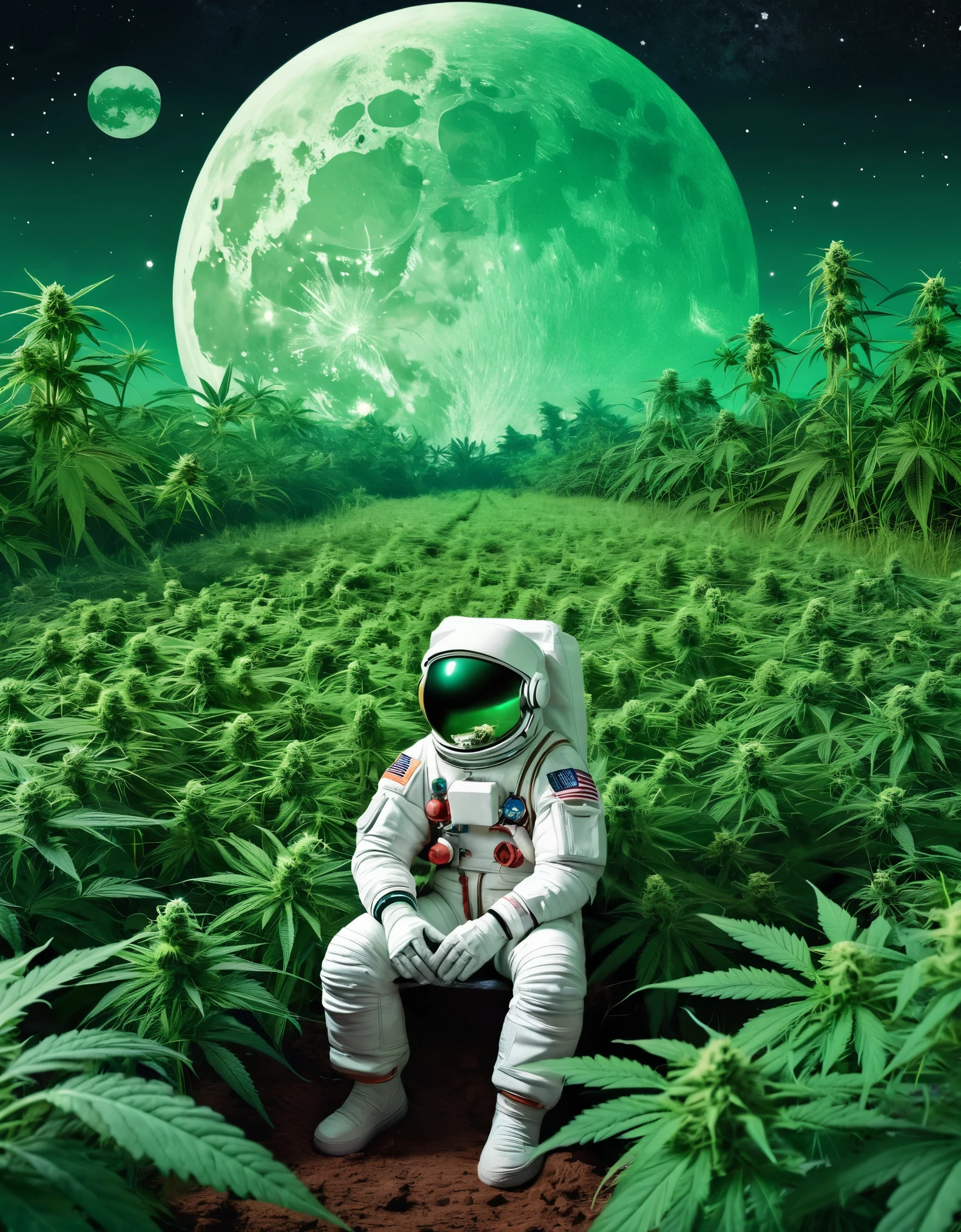 astronaut in a green field with plants and a full moon, sitting in a field of cannabis, space plants, on a lush fertile alien planet, lush alien landscape, extra terrestrial plants, dmt space behind, on an alien grassland, astronaut on the moon, utopian jungle in space,  astronaut, on a planet of lush foliage, field of marijuana