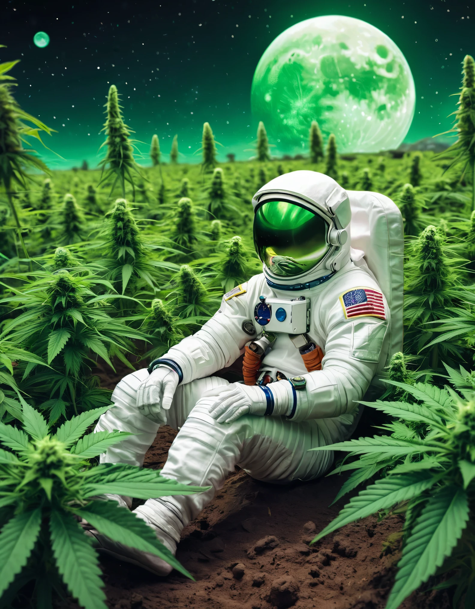 background stars and space.Astronaut wearing green suit holding weed bud and his right arm is with weed logo flag