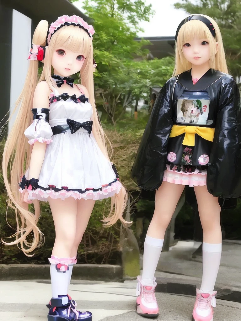 Japan anime style、Futuristic android girl、Blonde longhair、Wearing Lolita clothes、a miniskirt、Wearing a headband.swim suit sexy fasion ..