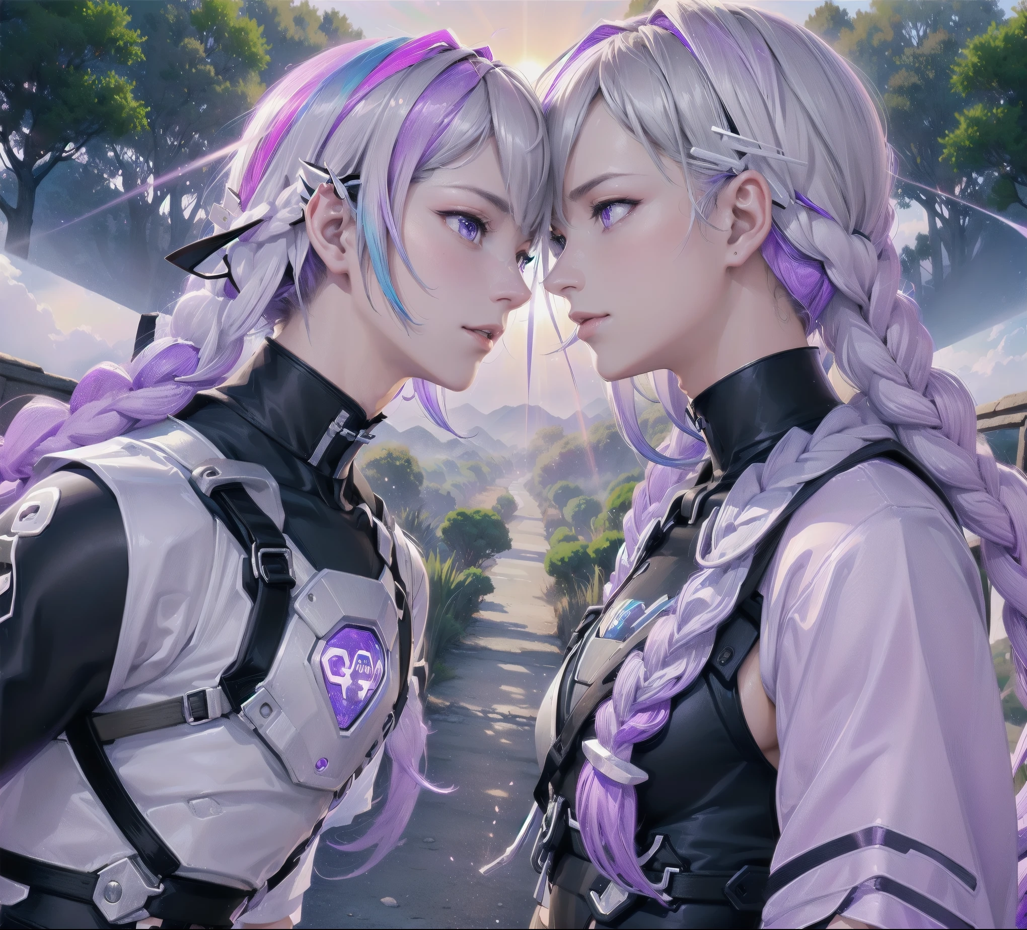 A couple(1 male, 1 woman with purple and white gradient double braids),Meet on a country road,Face to Face,四只眼睛Face to Face,Sunlight,Green fields and hills in the distance in the background,warmth,Romantic,happiness