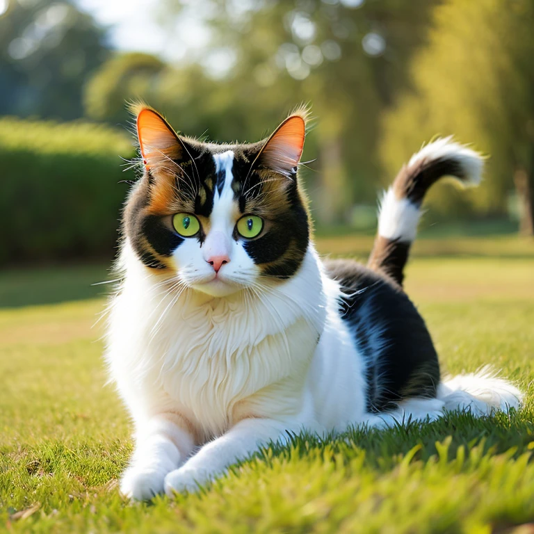 Tricolor, Spotted (white, black, ginger) cat sitting on the grass, Sun, Clear weather