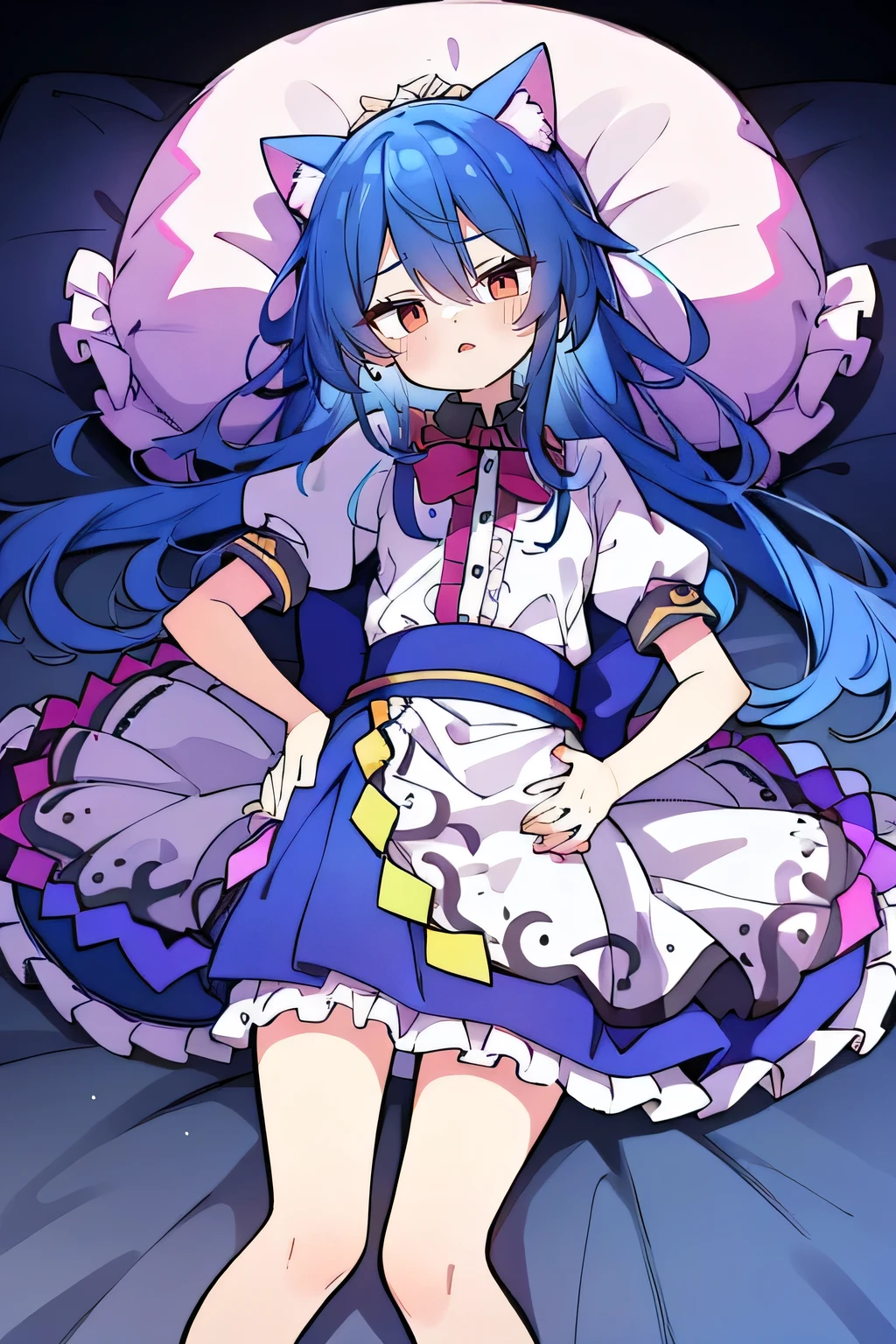 (Masterpiece), best quality, expressive eyes, perfect face, 1girl,
Put your hands on your waist, fair, gorgeous, Japanese comics, girl, Lola, young angel, blue hair, blue hair, flowing clothes, hug the waist, hug the waist, hands on hips, hands on hips, lay down , lying on the ground, legs on the ground, flat chest, cat ears