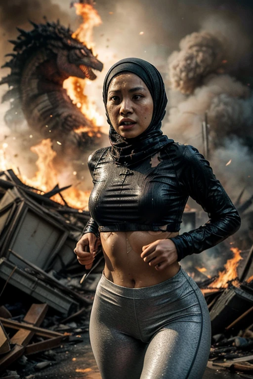 The heroine of the movie "GODZILLA Godzilla". A malay woman in hijab desperately fleeing from Godzilla in a devastated Los Angeles, hijab disheveled, tshirt stained, leggings torn, running through rubble. Crumbling buildings, burning flames, white skin, smooth skin, stunningly beautiful face, detail, photorealistic, 8K.