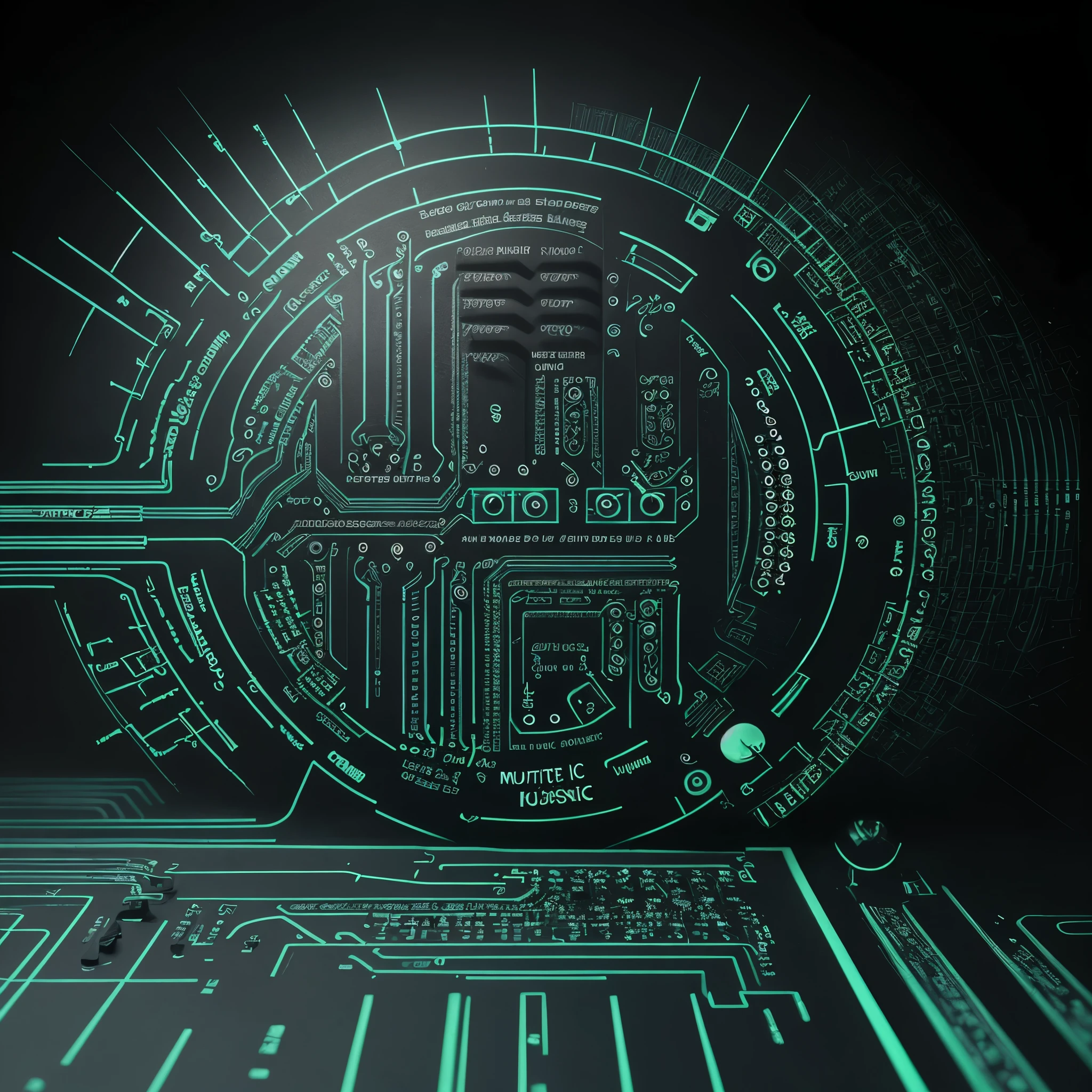Design a banner image for an cyberpunk music creation YouTube channel. Banner image should depict a circuit board pattern forming a musical note, symbolizing the fusion of technology and music.