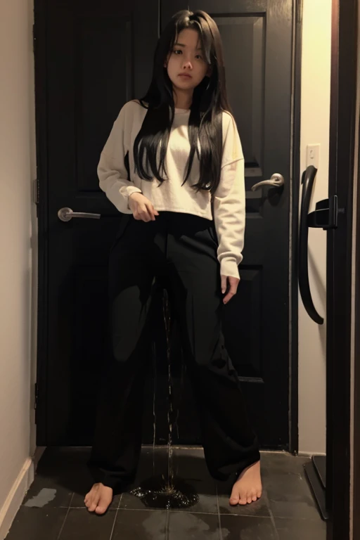 Malay Girl sees the ghost and pees her black culotte pants until her pants are wet in fright.