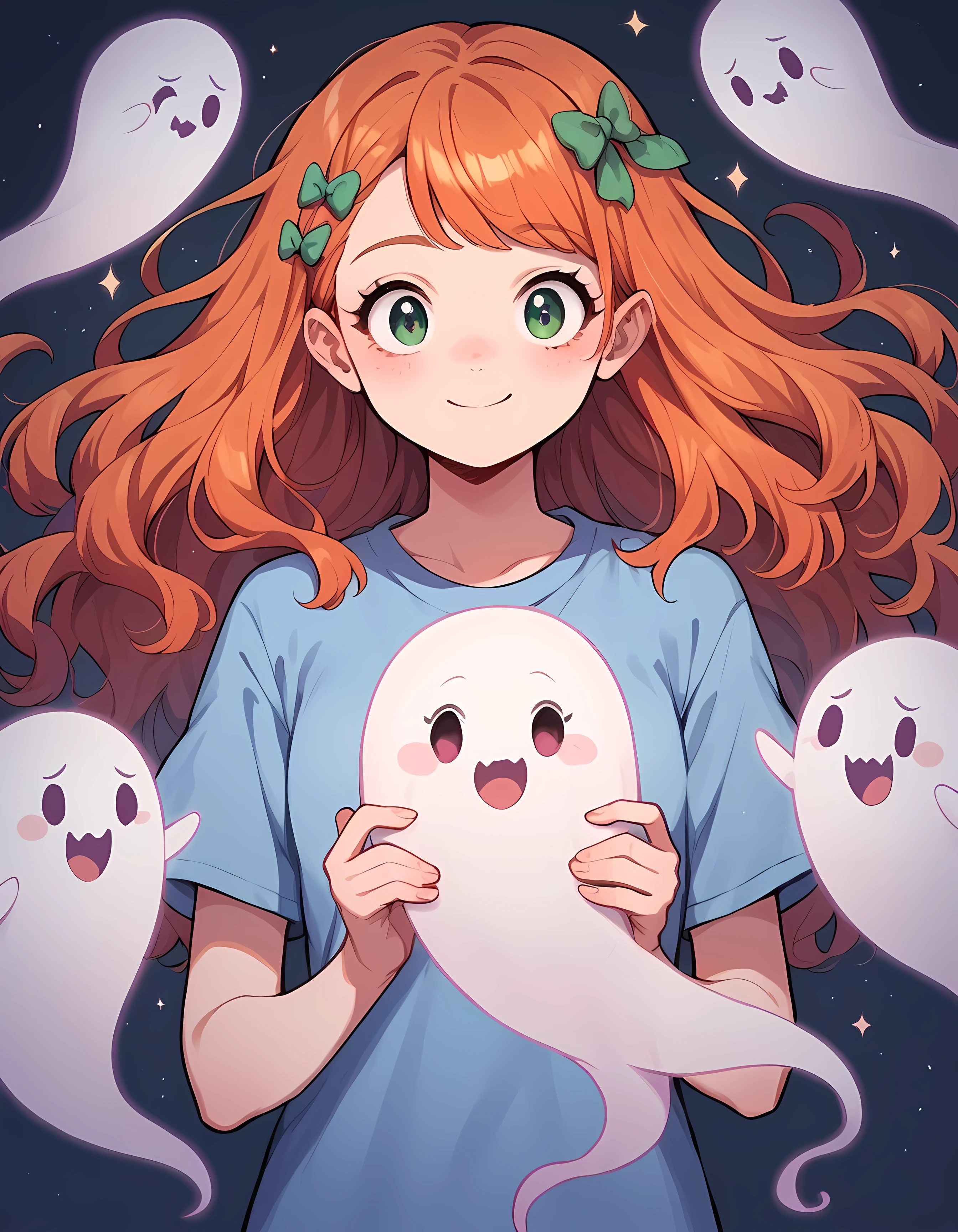 score_9, score_8_up, score_7_up, score_6_up, score_5_up, score_4_up, c0l0urc0r3, cute, bright colours, 1girl, long hair, ginger, harajuku, ghost, cute ghost