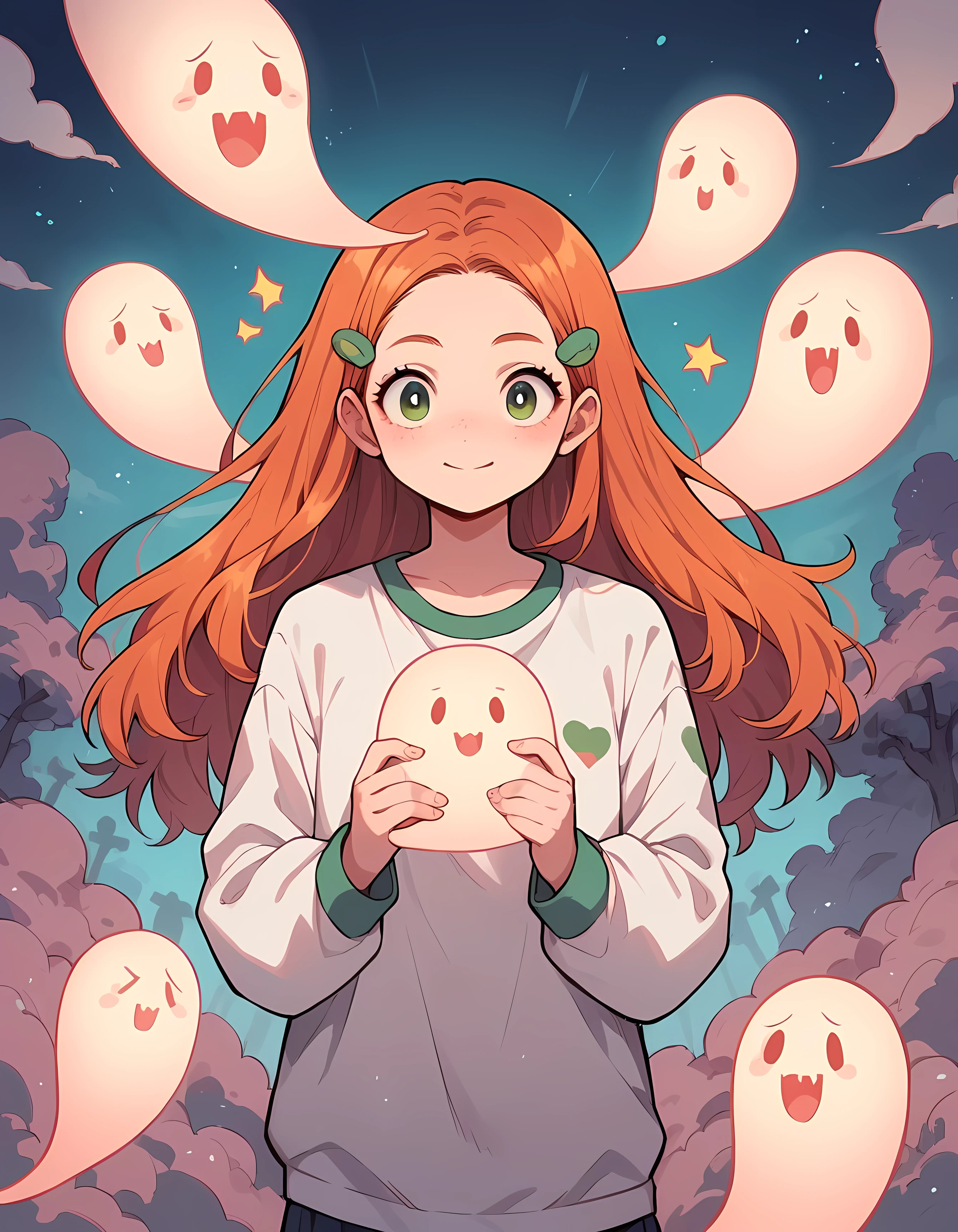 score_9, score_8_up, score_7_up, score_6_up, score_5_up, score_4_up, c0l0urc0r3, cute, bright colours, 1girl, long hair, ginger, harajuku, ghost, cute ghost