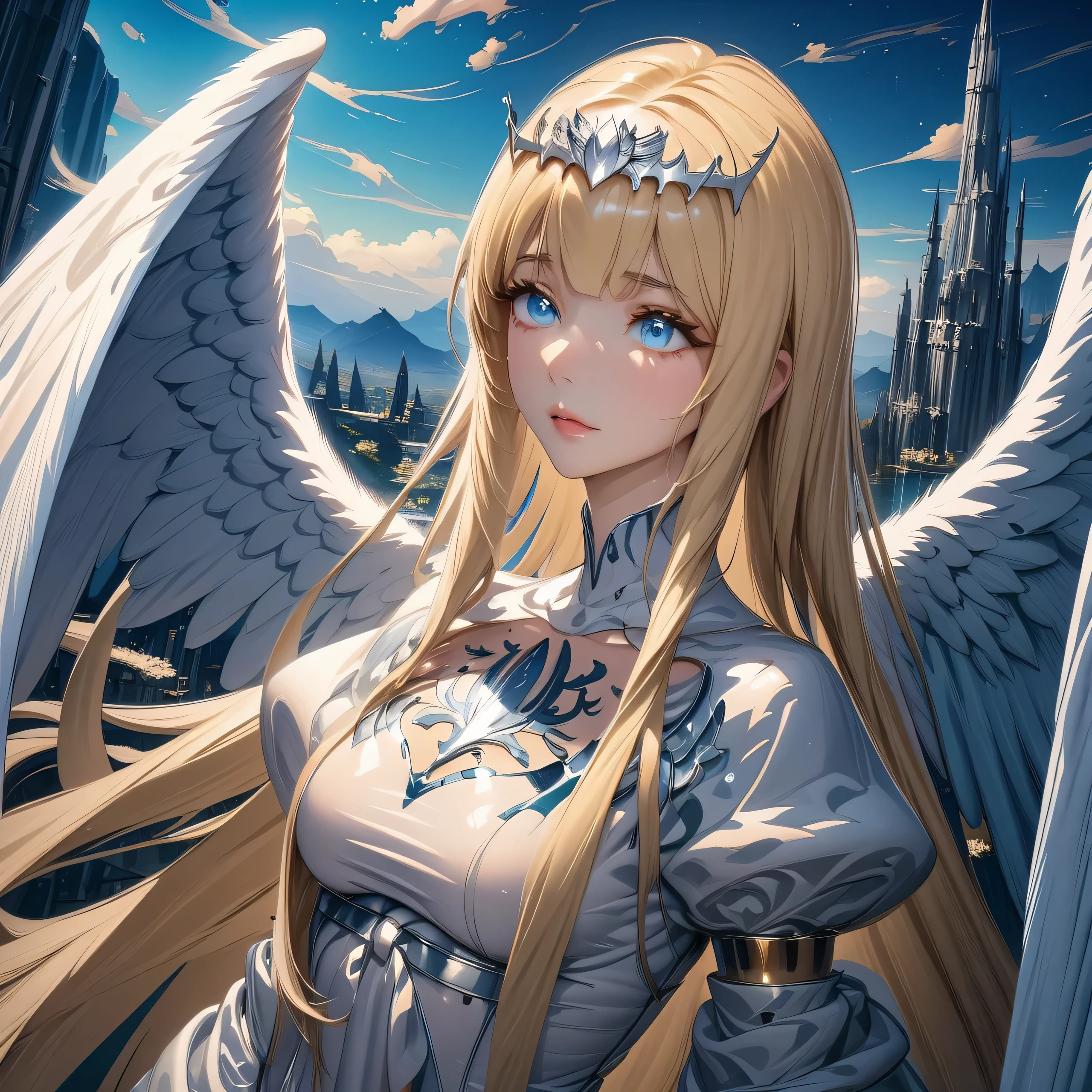 ,hyper detailed render style,glow,yellow,blue,brush,surreal oil painting,shiny eyes,head closeup, exaggerated perspective,tyndall effect,, holographic white, beautiful background, 1angel, solo, Calca, Calca Bessarez, blonde hair, extremely long hair, very long hair, white tiara, silver tiara, white dress, blue eyes, medium chest, very short neck, extremely short neck, beautiful scenery, day time, heaven background, feature big wings, large white wings, gigantic wings