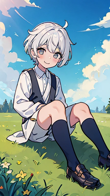 Shota, young boy, , 8arsold, 8 yemessy white hair, grey eyes, smile, sitting on the grass, blue sky, white clouds, hq, masterpiece
