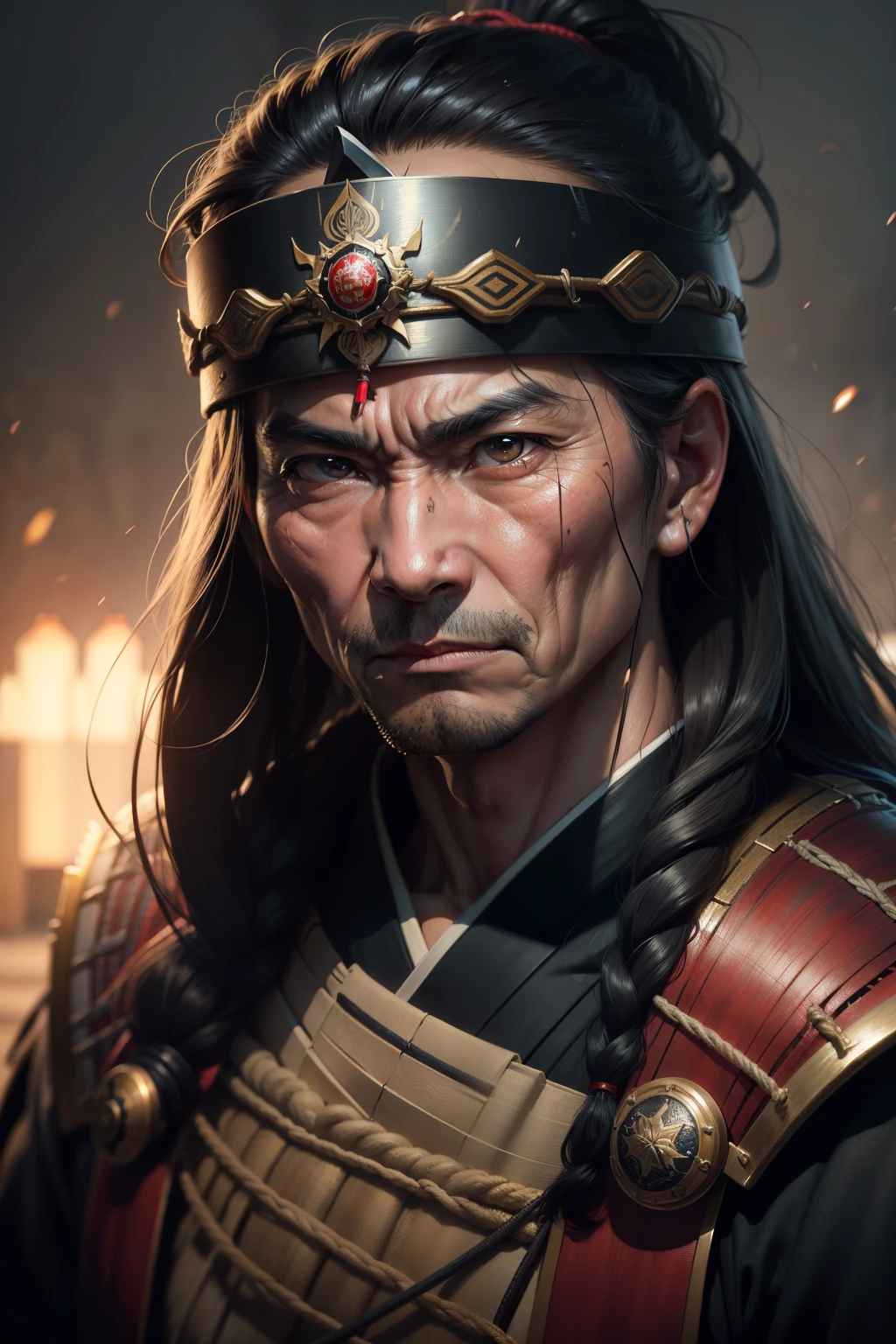 Realistic ultra HD close-up portrait，A samurai wearing a war mask, Wrinkles ,Facial expressions show strong emotions