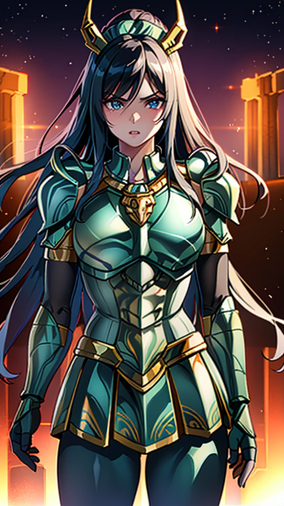 Masterpiece, Best Quality, Ultra High Resolution, Realistic Skin Texture, Armor, (Photorealistic:1.4), High Resolution, Raw Photo, Glowing Skin, Realistic Skin Texture, Best Lighting, Glow, Dramatic Lighting, Dynamic Pose, (Greek Temple Background:1.3), Night Sky, Cosmos, Milky Way, 1 Girl, (Medium Chest:1.1), Balanced Eyes, Shiryu dragon with silver-green armor., purple pants, purple short-sleeved shirt, wearing dragon helmet, roman skirt plate, (chest plate:1.5), very long hair, Armor, cleavage,score_9, score_8_up, score_7_up, score_6_up, rating_explicit, 1 girl, ((18YO:1.2)), Adult, full lips, big clear eyes, light blue eyes, ((black hair:1)), (long wavy hair: 1.2), (background ruins of Athens large stones:1.4), (fingers detailed), (metallic armor V2.1), (metallic realistic:1.4)