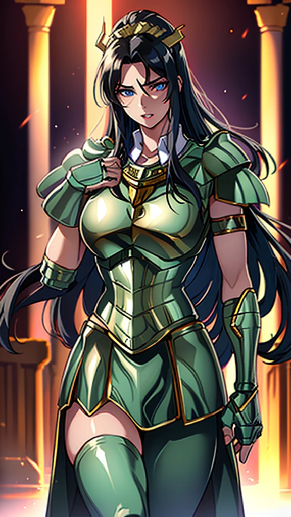 Masterpiece, Best Quality, Ultra High Resolution, Realistic Skin Texture, Armor, (Photorealistic:1.4), High Resolution, Raw Photo, Glowing Skin, Realistic Skin Texture, Best Lighting, Glow, Dramatic Lighting, Dynamic Pose, (Greek Temple Background:1.3), Night Sky, Cosmos, Milky Way, 1 Girl, (Medium Chest:1.1), Balanced Eyes, Shiryu dragon with silver-green armor., purple pants, purple short-sleeved shirt, wearing dragon helmet, roman skirt plate, (chest plate:1.5), very long hair, Armor, cleavage,score_9, score_8_up, score_7_up, score_6_up, rating_explicit, 1 girl, ((18YO:1.2)), Adult, full lips, big clear eyes, light blue eyes, ((black hair:1)), (long wavy hair: 1.2), (background ruins of Athens large stones:1.4), (fingers detailed), (metallic armor V2.1), (metallic realistic:1.4)
