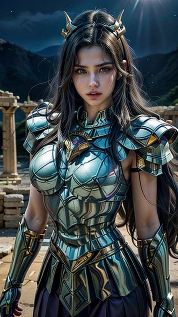 Masterpiece, Best Quality, Ultra High Resolution, Realistic Skin Texture, Armor, (Photorealistic:1.4), High Resolution, Raw Photo, Glowing Skin, Realistic Skin Texture, Best Lighting, Glow, Dramatic Lighting, Dynamic Pose, (Greek Temple Background:1.3), Night Sky, Cosmos, Milky Way, 1 Girl, (Medium Chest:1.1), Balanced Eyes, Shiryu dragon with silver-green armor., purple pants, purple short-sleeved shirt, wearing dragon helmet, roman skirt plate, (chest plate:1.5), very long hair, Armor, cleavage,score_9, score_8_up, score_7_up, score_6_up, rating_explicit, 1 girl, ((18YO:1.2)), Adult, full lips, big clear eyes, light blue eyes, ((black hair:1)), (long wavy hair: 1.2), (background ruins of Athens large stones:1.4), (fingers detailed), (metallic armor V2.1), (metallic realistic:1.4)