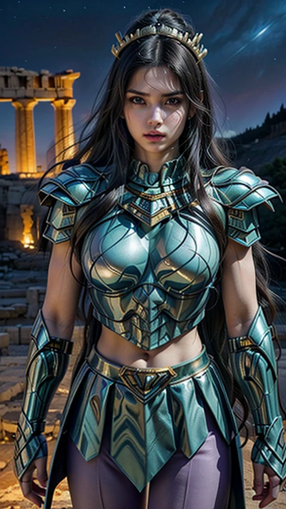 Masterpiece, Best Quality, Ultra High Resolution, Realistic Skin Texture, Armor, (Photorealistic:1.4), High Resolution, Raw Photo, Glowing Skin, Realistic Skin Texture, Best Lighting, Glow, Dramatic Lighting, Dynamic Pose, (Greek Temple Background:1.3), Night Sky, Cosmos, Milky Way, 1 Girl, (Medium Chest:1.1), Balanced Eyes, Shiryu dragon with silver-green armor., purple pants, purple short-sleeved shirt, wearing dragon helmet, roman skirt plate, (chest plate:1.5), very long hair, Armor, cleavage,score_9, score_8_up, score_7_up, score_6_up, rating_explicit, 1 girl, ((18YO:1.2)), Adult, full lips, big clear eyes, light blue eyes, ((black hair:1)), (long wavy hair: 1.2), (background ruins of Athens large stones:1.4), (fingers detailed), (metallic armor V2.1), (metallic realistic:1.4)