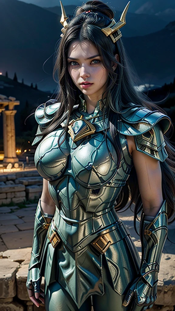 Masterpiece, Best Quality, Ultra High Resolution, Realistic Skin Texture, Armor, (Photorealistic:1.4), High Resolution, Raw Photo, Glowing Skin, Realistic Skin Texture, Best Lighting, Glow, Dramatic Lighting, Dynamic Pose, (Greek Temple Background:1.3), Night Sky, Cosmos, Milky Way, 1 Girl, (Medium Chest:1.1), Balanced Eyes, Shiryu dragon with silver-green armor., purple pants, purple short-sleeved shirt, wearing dragon helmet, roman skirt plate, (chest plate:1.5), very long hair, Armor, cleavage,score_9, score_8_up, score_7_up, score_6_up, rating_explicit, 1 girl, ((18YO:1.2)), Adult, full lips, big clear eyes, light blue eyes, ((black hair:1)), (long wavy hair: 1.2), (background ruins of Athens large stones:1.4), (fingers detailed), (metallic armor V2.1), (metallic realistic:1.4)