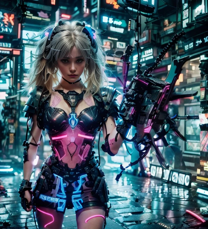 (Photorealistic:1.4) 1 beautiful girl, (((cyberpunk grey armour technological with blue neon decourations))), ((blonde straight hairs)), ultra beautiful cute, perfect, with a book that emits purple lightnings, 12k, UHD, PHOTOREALISTIC, ULTRA REALISTIC, raw photo, insane details, masterpiece, ((babe gorgeous  the most beautiful in the world))