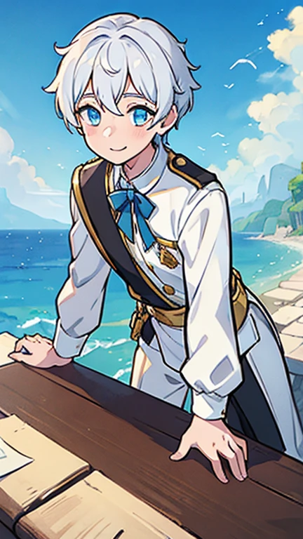 (1 boy:1.2), (solo:1.2), white hair, masterpiece, blue sky, few clouds, grey eyes, cute prince clothes, (puffed long sleeves:1.2), short pants, , male focus, male body features, standing, (Best quality at best,tmasterpiece),1boy,short detailed hair, shy character,timid character, weak posture, (bending forward, insecure), young, little, shota, 5yearsold, 5 years old, white shota, (smiling), white shirt, royalty french outfit, BREAK
(paper planes, natural sunlight:1.2, blue sky), sense of childhood,
best quality, high resolution, unity 8k wallpaper, (illustration:0.8), (beautiful detailed eyes:1.6), extremely detailed face, perfect lighting, extremely detailed CG, (perfect anatomy),
hyper-detailed, high quality visuals, sharply focused, octane render, 8k UHD,
GS-Boyish