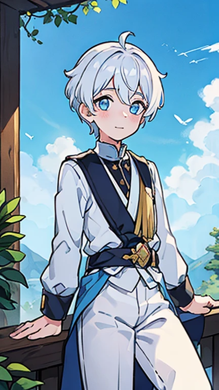 (1 boy:1.2), (solo:1.2), white hair,  masterpiece, blue sky, few clouds, grey eyes, cute prince clothes, (puffed long sleeves:1.2), short pants, , male focus, male body features, standing, （Best quality at best，tmasterpiece），1boy，short detailed hair, shy character，timid character, weak posture, (bending forward, insecure), young, little, shota, 5yearsold, 5 years old, white shota, (smiling), white shirt, royalty french outfit, BREAK
(paper planes, natural sunlight:1.2, blue sky), sense of childhood,
 best quality, high resolution, unity 8k wallpaper, (illustration:0.8), (beautiful detailed eyes:1.6), extremely detailed face, perfect lighting, extremely detailed CG, (perfect anatomy),
 hyper-detailed, high quality visuals, sharply focused, octane render, 8k UHD,
 GS-Boyish